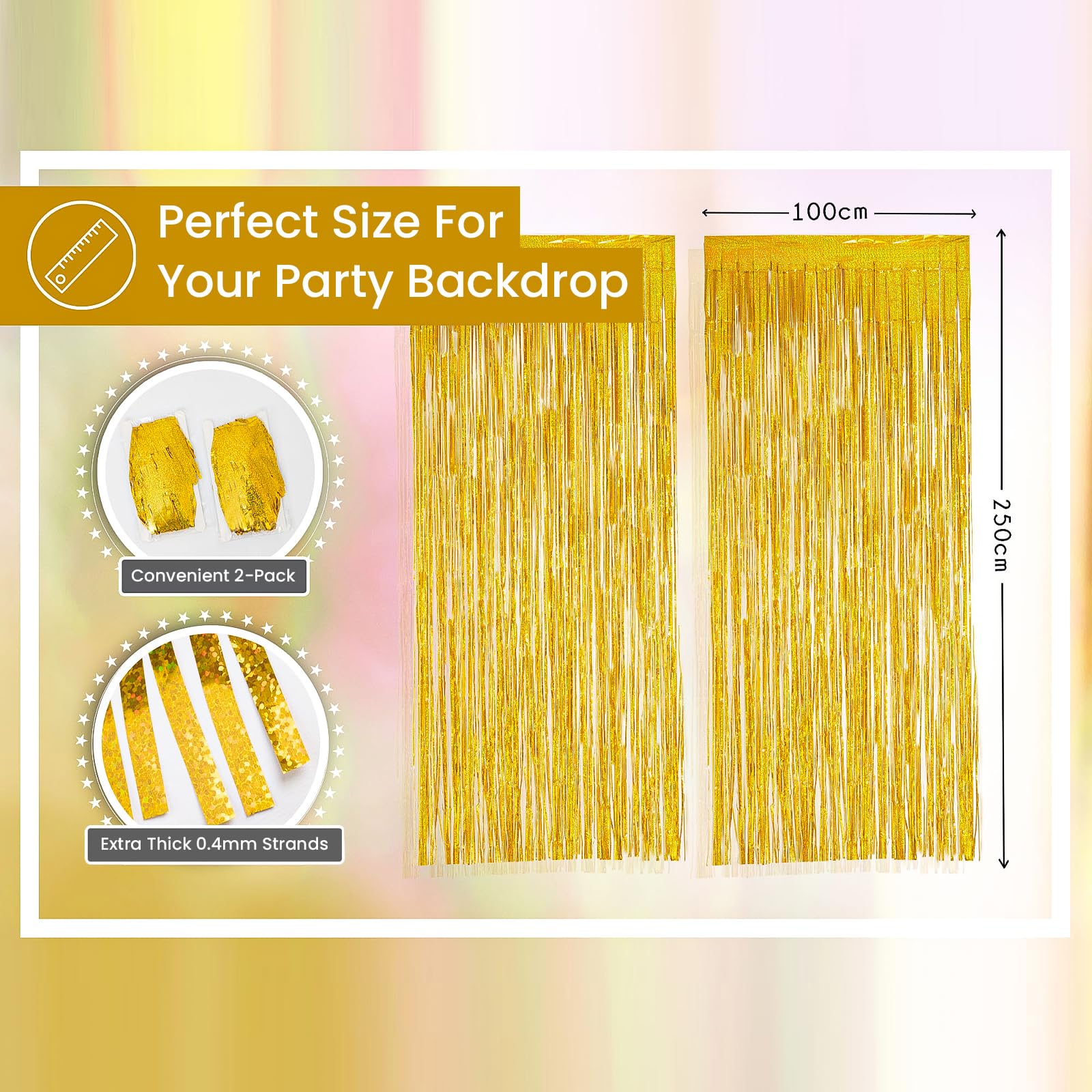 PHENO FLAGS 2 sztuki złotej kurtyny z lametą, 1x2,5m - brokatowa dekoracja sylwestrowa w błyszczącym metalicznym wyglądzie, łańcuch choinkowy na Twoją imprezę