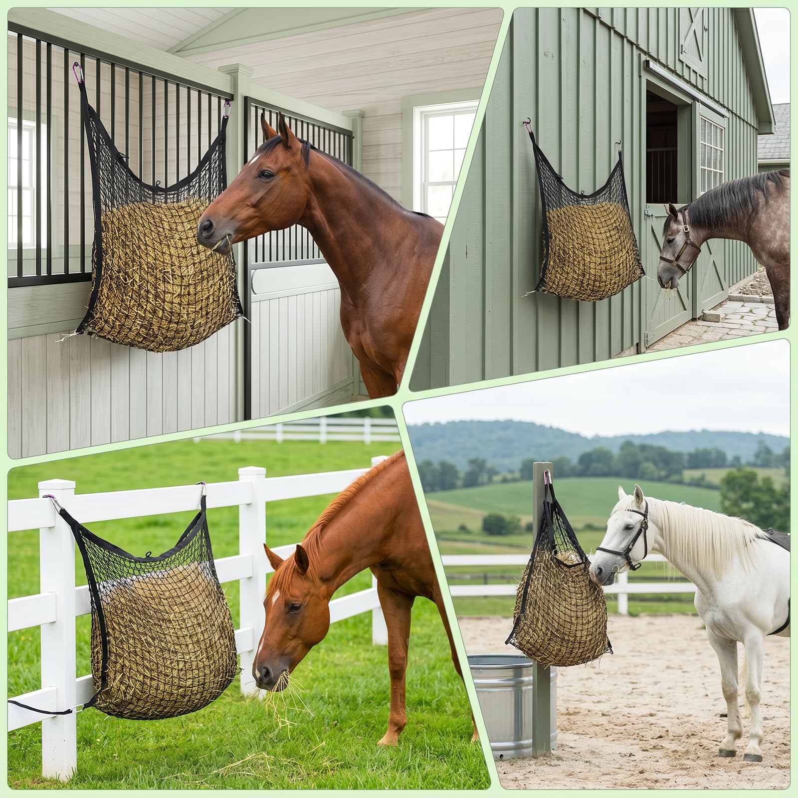2 Stück Heunetz für Pferde,90x120 cm,Heutasche Pferd,extra engmaschig 3cm,4X Karabiner,Verbessern Sie die Verdauung und Gesundheit der Tiere