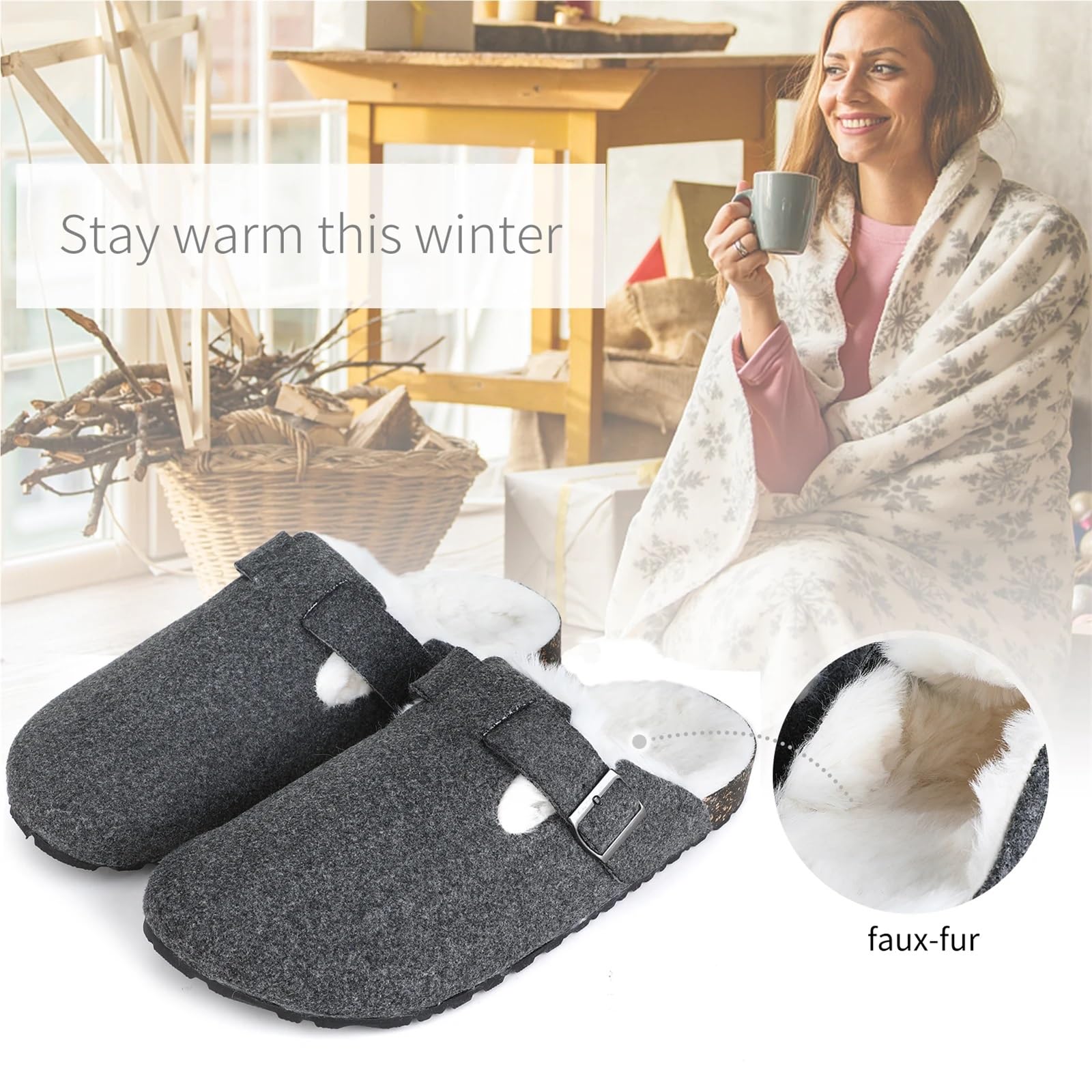 Zuecos de Corcho for Mujer, Pantuflas cálidas peludas for Interior y Exterior, Mules y Zuecos cómodos con Fieltro con Hebilla(GREYCORK,10-11)
