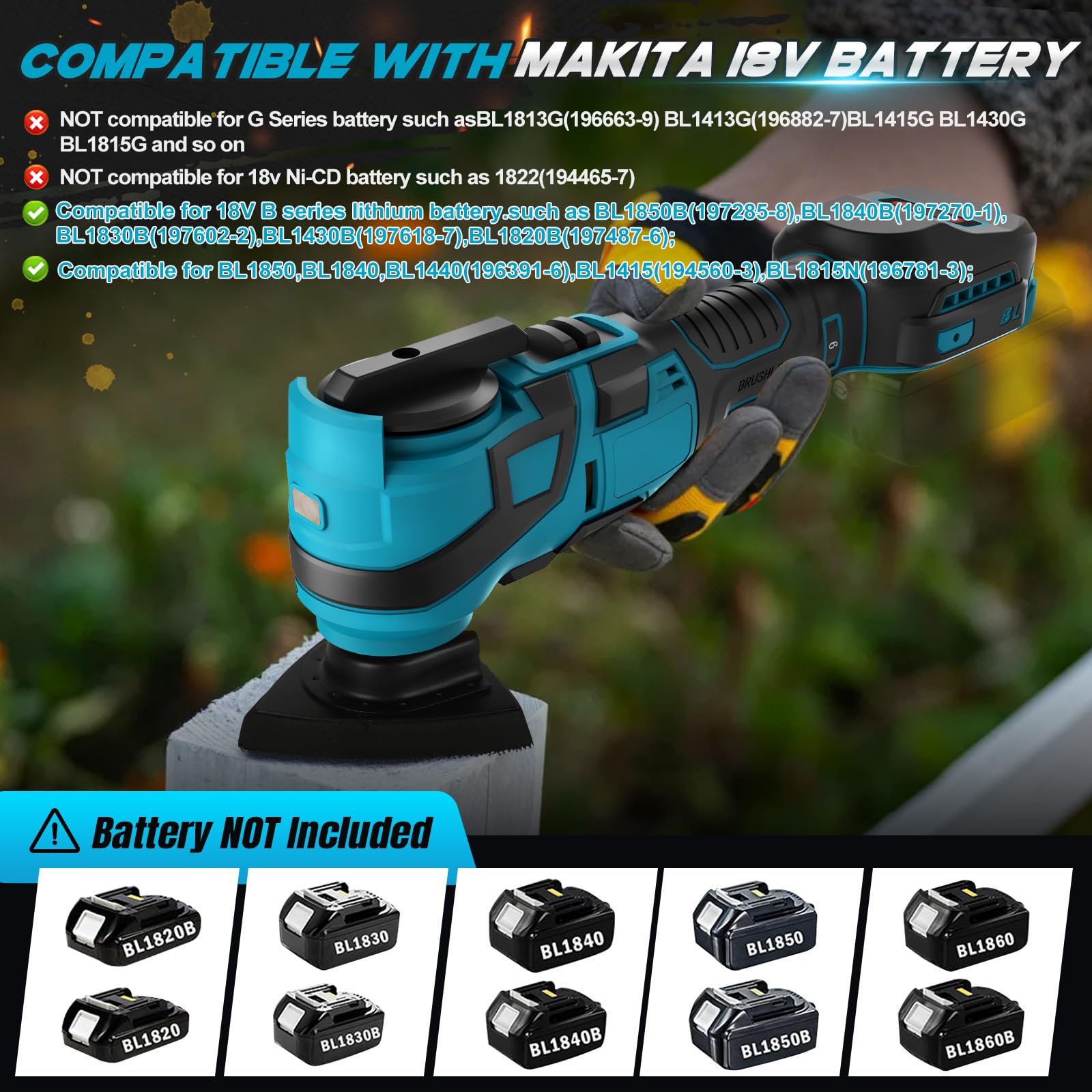 Roadtime Herramienta multifunción con batería para Makita de 18 V baterías (sin batería), herramienta oscilante DIY con 15 accesorios, sin escobillas, 6 velocidades variables, 10000-20000 RPM