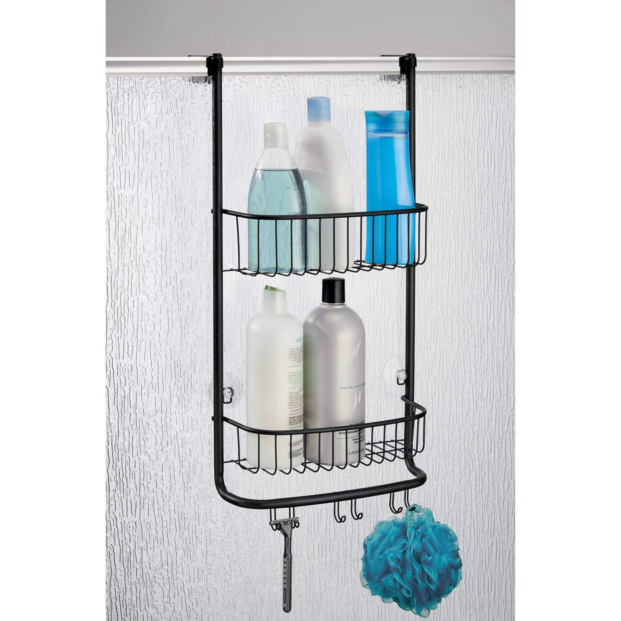 iDesign Organizador de ducha para colgar, pequeña estantería colgante de metal con 2 baldas y 3 ganchos dobles, cesta de ducha para la cabina de ducha, negro