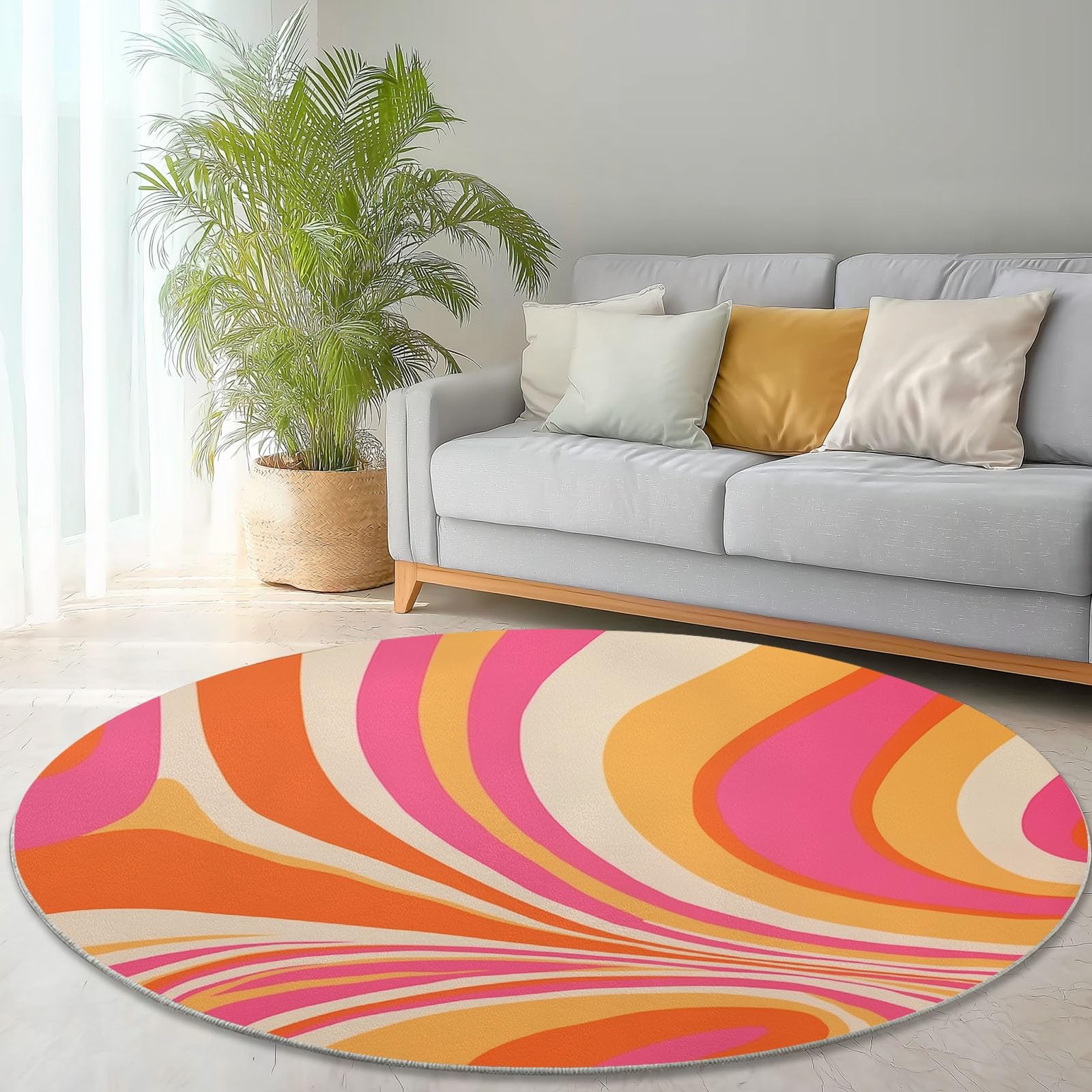 Teppich rund,Outdoor Psychedelische Welle Orange Pink Waschbarer Teppich Rund 120 cm (Round) Rutschfester Kurzflor Carpet Living Room Bedroom Esszimmer Büro Orange Pink