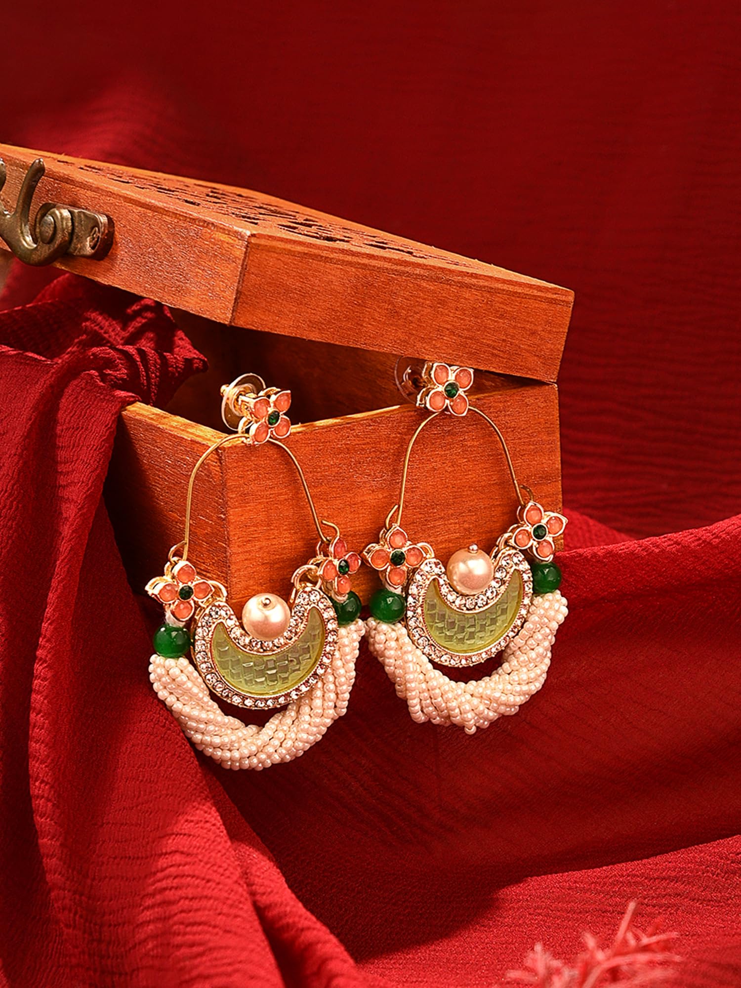 Peach Dazzling Stones Cresent Ethnic Dangle Earring