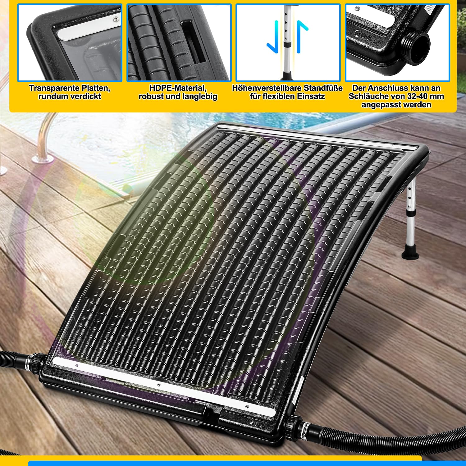 Jopassy Calefacción solar para piscina, panel solar, 113 x 69 x 35 cm, calefacción solar de 10000 L/H, conexión de 32 – 40 mm, calefacción solar ampliable, sistema solar para agua caliente, ducha de