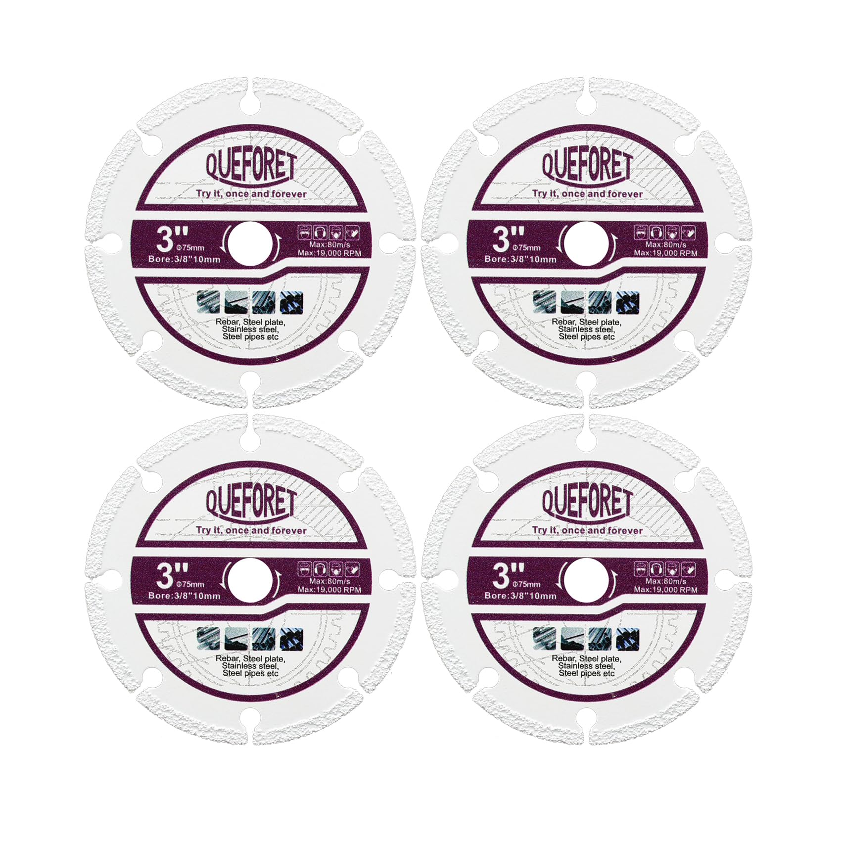 QUEFORET 75mm Diamond Steel Saw Blades - 4pcs Cutting Discs for Steel Stainless Steel Rebar, with 10mm Arbor — image 1