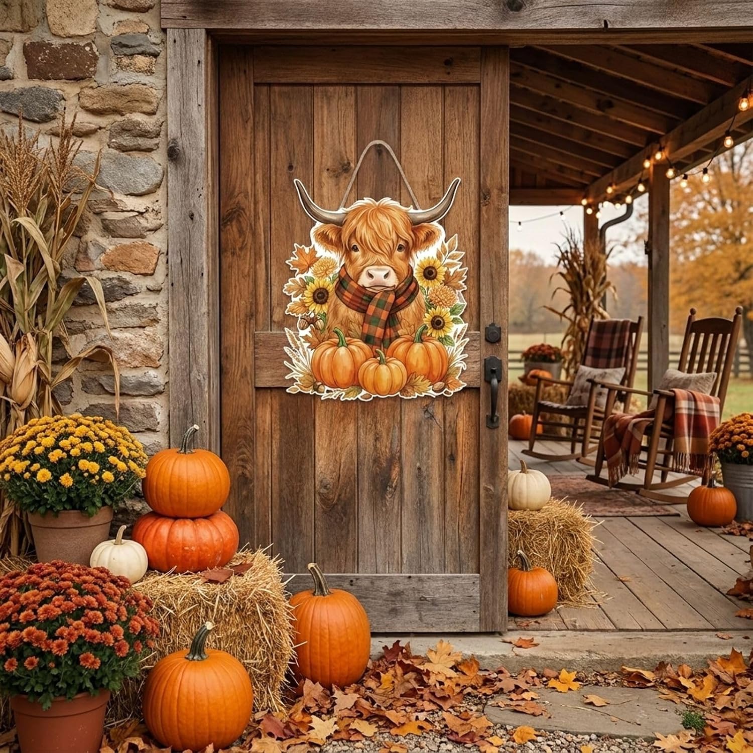 Fall Door Hanger - Highland Cow Outdoor Fall Decor Door Hanging Sign Welcome Wall Signs Door Wreath Sign Hanging for Home Wall Outdoor Indoor Supply Decor Gifts 13.8×11.4 Inch image 5