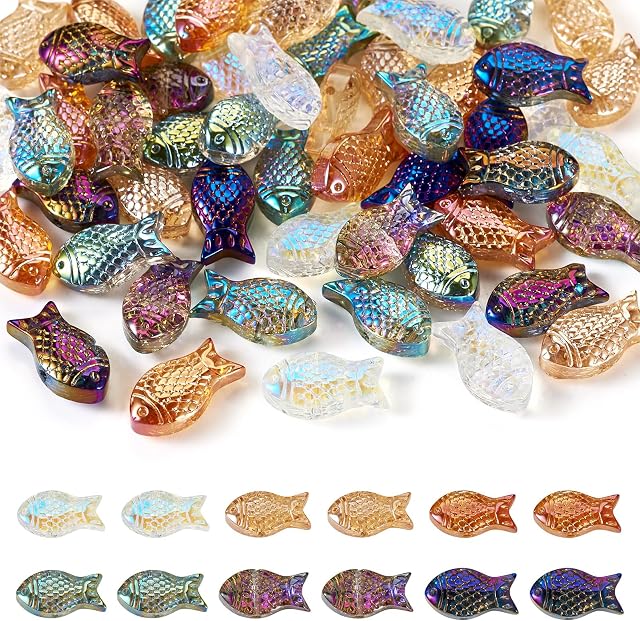 60Pcs Perles de poisson en verre 6 Couleurs Clair Ocean Sea Glass Crystal Perles animales Rainbow Color Perles de poisson pour l'artisanat DIY Bijoux de fabrication de fournitures à vent Chimes Capteurs de soleil 15x8mm