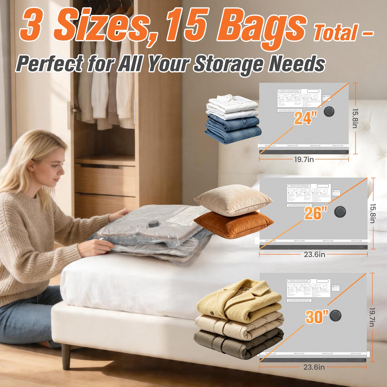 Lot de 15 sacs de rangement sous vide pour voyage avec pompe sans fil, sacs économiseur d'espace pour vêtements, sacs d'emballage de compression pour bagages, 15 tailles combinées