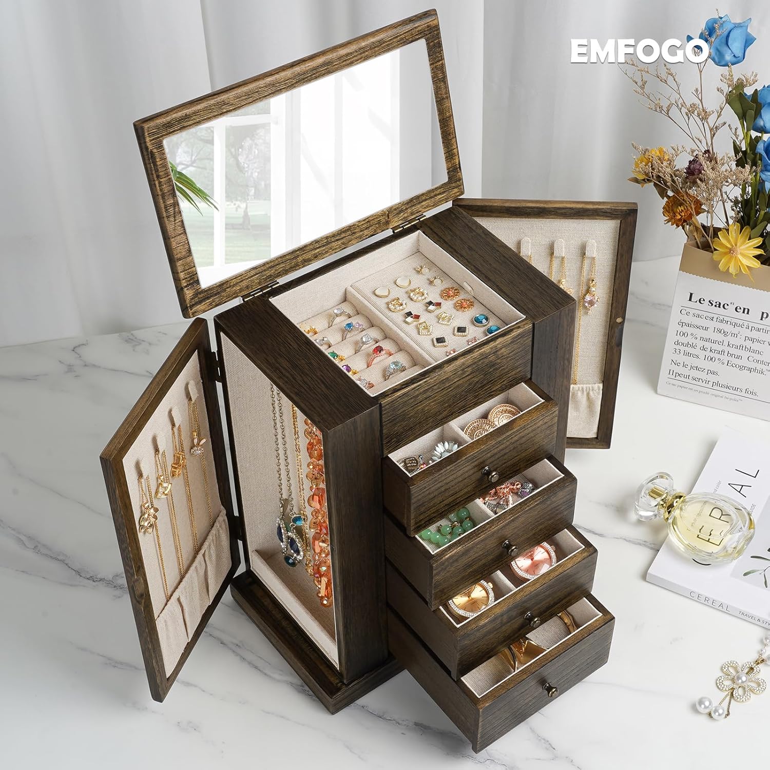 Emfogo Jewelry Box for Women, 5 Layer Large Wood Jewelry Boxes & Organizers for Necklaces Earrings Rings Bracelets, Rustic Jewelry Organizer Box with Drawers and Mirror(Vintage) - Image 2