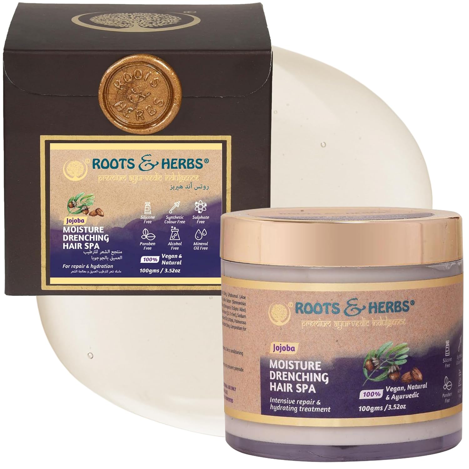 Jojoba Hair Conditioning Treatment – Jojoba Hair Mask for Dry Hair, Straight, Wavy, Curly, Braided Hair, & Beard – Hydrating Hair Moisturizer with Ayurvedic Herbs – Roots & Herbs, 3.52oz