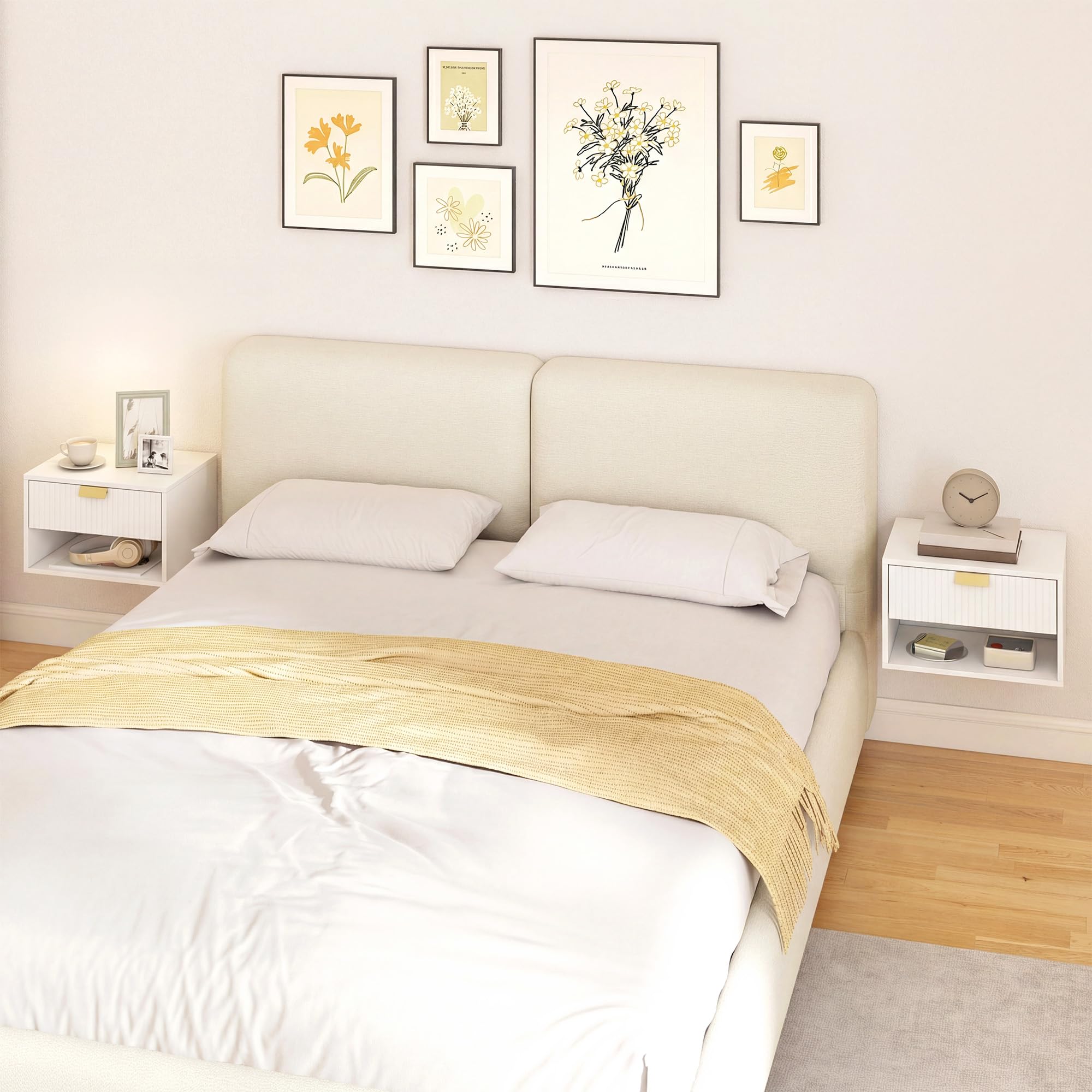 HOMCOM Juego de 2 Mesitas de Noche Flotantes con Cajón 40x30x25 cm Blanco | Mesillas de Noche, Frente Ondulado, Estante Abierto, Diseño Moderno, para Dormitorio