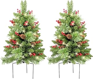 HomeKaren Christmas Tree 24 inch Prelit 2 Set Pathway Porch Christmas Trees Pre-Light LED Battery Operated Outdoor Xmas Decor for Entrance Driveway, Yard, Garden, Red Berries, Pine Cones