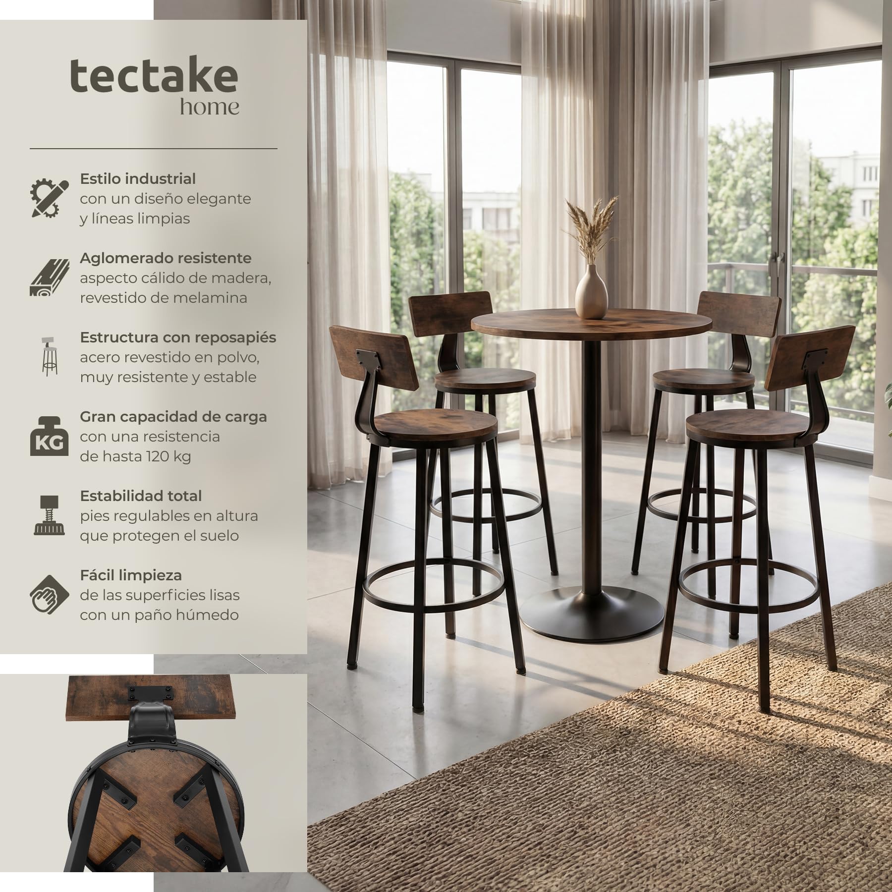 tectake® Taburete con Respaldo, Taburete Alto Cocina con Estructura de Acero, Taburetes Madera para Isla Cocina Resistentes, Sillas de Comedor - Set de 4 Madera Industrial Oscura, Rústica