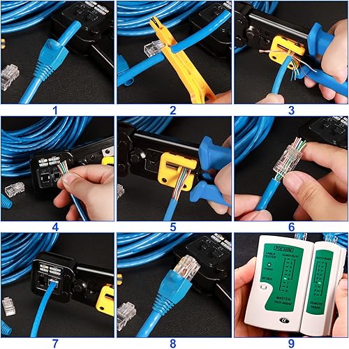 Miniatura 7 de Hiija Herramienta de crimpado RJ45 para crimpado Cat5 Cat5e Cat6 para conectores RJ45RJ12 de paso regular y final con 50 conectores, 50 cubiertas y