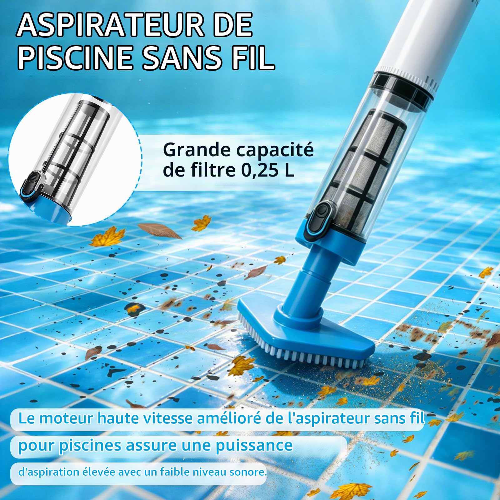Aspirateur de Piscine sans Fil avec Batterie 1600 mAh, 3 têtes, Max. 165cm | Nettoyeur de piscine portable à batterie, avec rallonge, filtre, aspirateur pour piscine, jacuzzi et pataugeoire