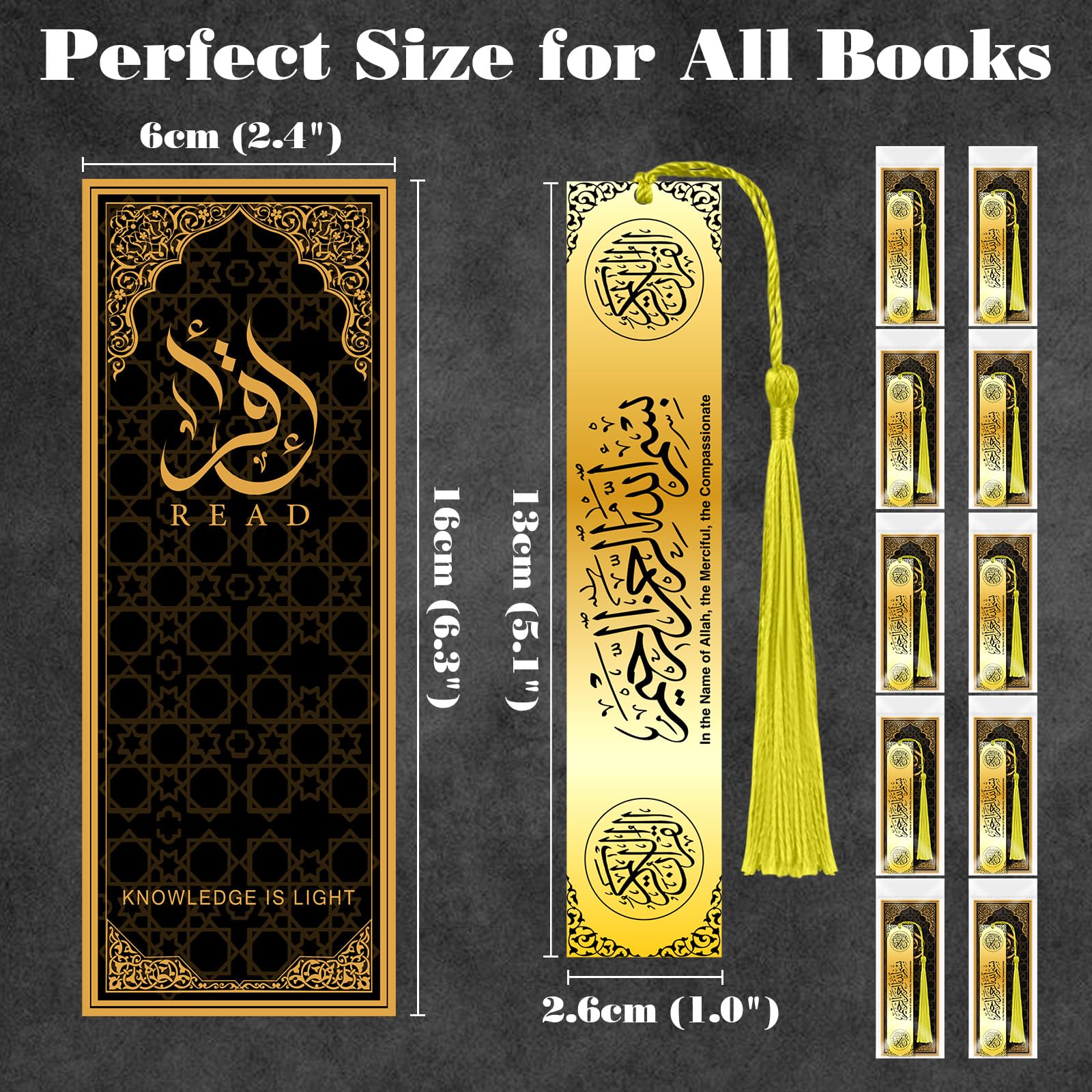 Resurhang 10 Sets Eid al-Adha Mubarak Gifts Islamic Metal Bookmarks Bulk with Cards Hajj Quran Markers Gold Stainless Steel Tassels Muslim Religious Party Favors Men Women