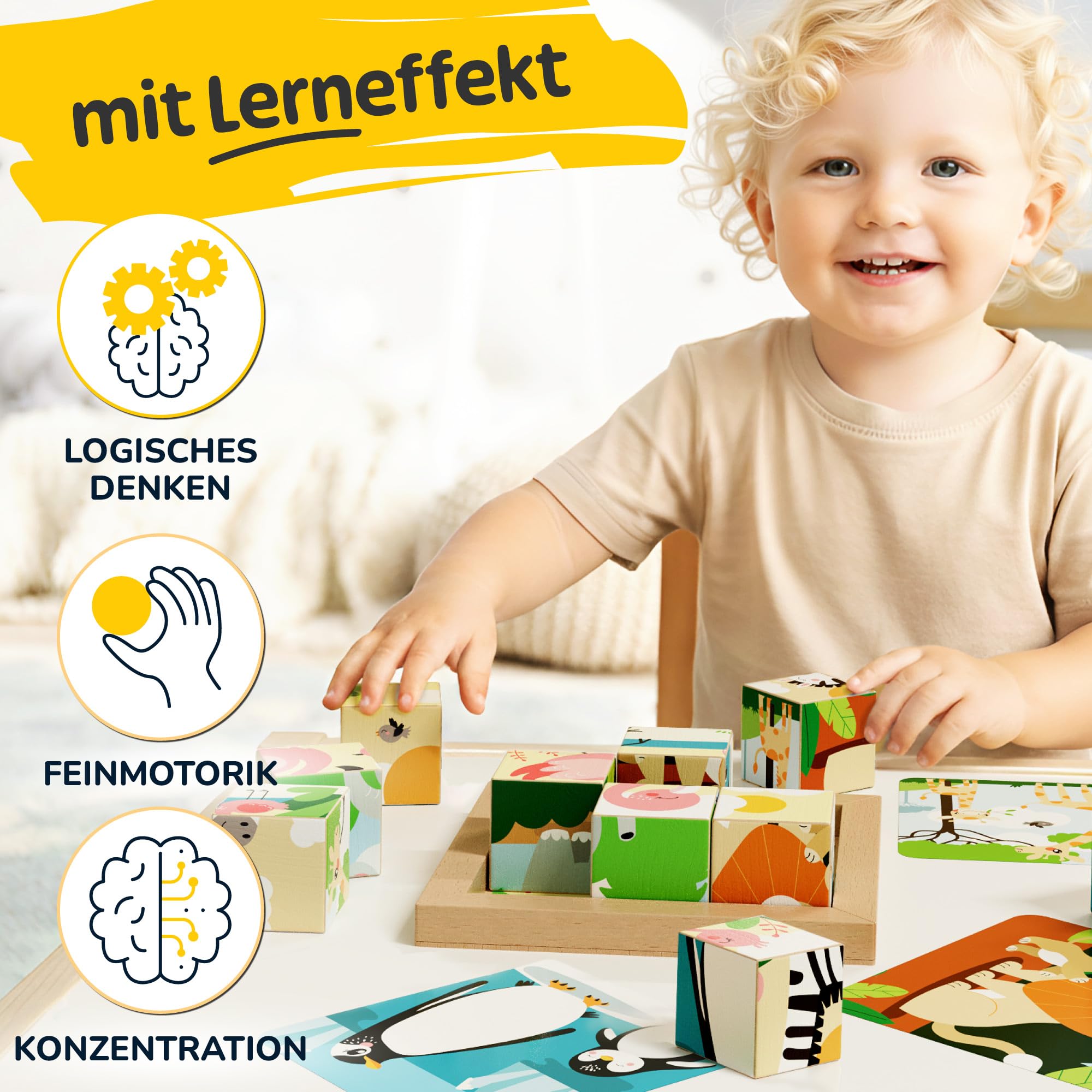 Merle Toys® 6-in-1 Würfelpuzzle ab 2 Jahre, 100% FSC-Buchenholz, Würfelpuzzle ab 3 Jahre, Bilderwürfel Holzpuzzle ab 2 Jahre, 4,5 cm große Würfel, Puzzle mit abgerundeten Ecken und Bildvorlagen, Löwe