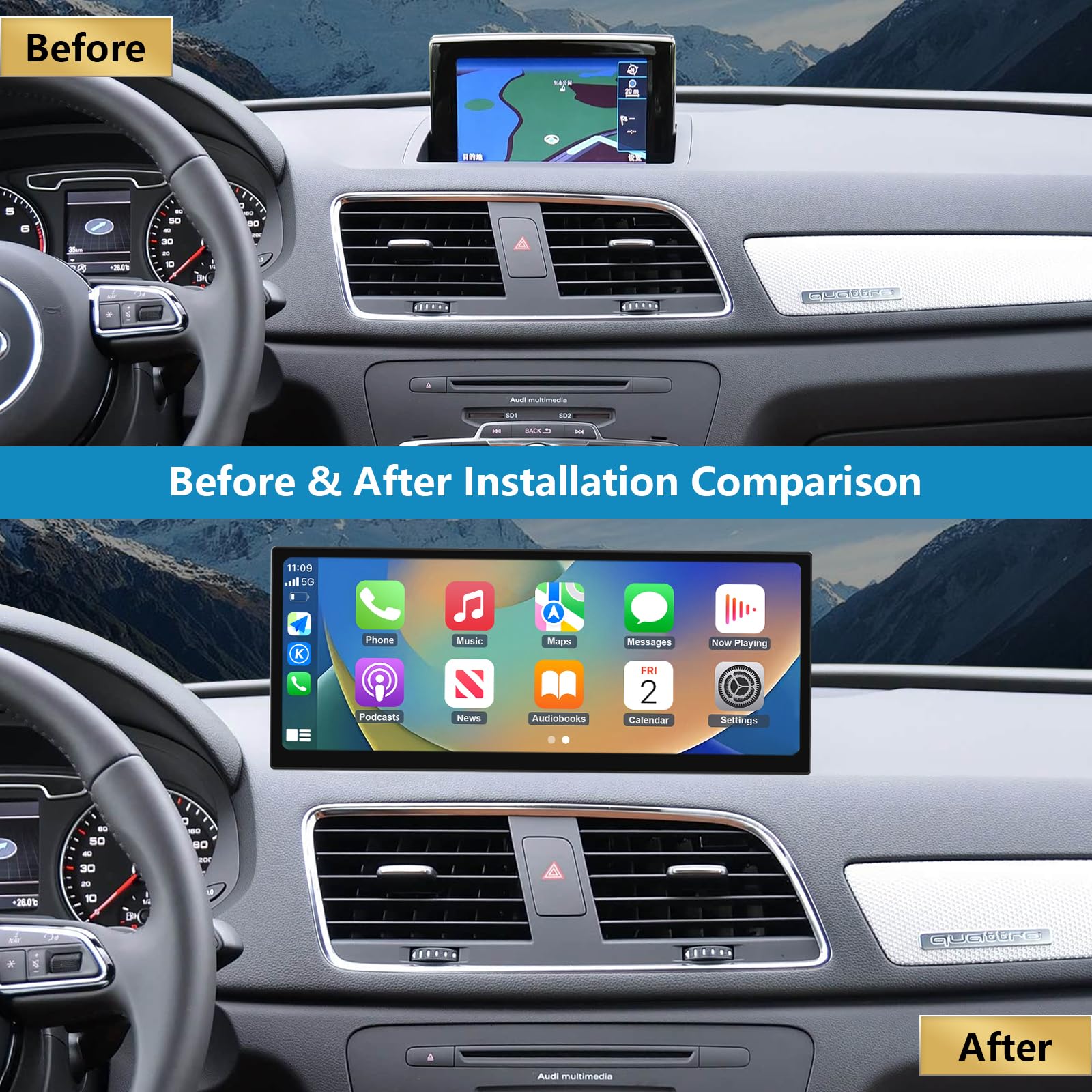 Autoradio touchscreen da 12,3 pollici con Carplay wireless e Android Auto per Audi Q3 2013-2018 con sistema 3G MMI/RMC, supporta Mirrorlink, telecamera, navigazione, Siri, musica