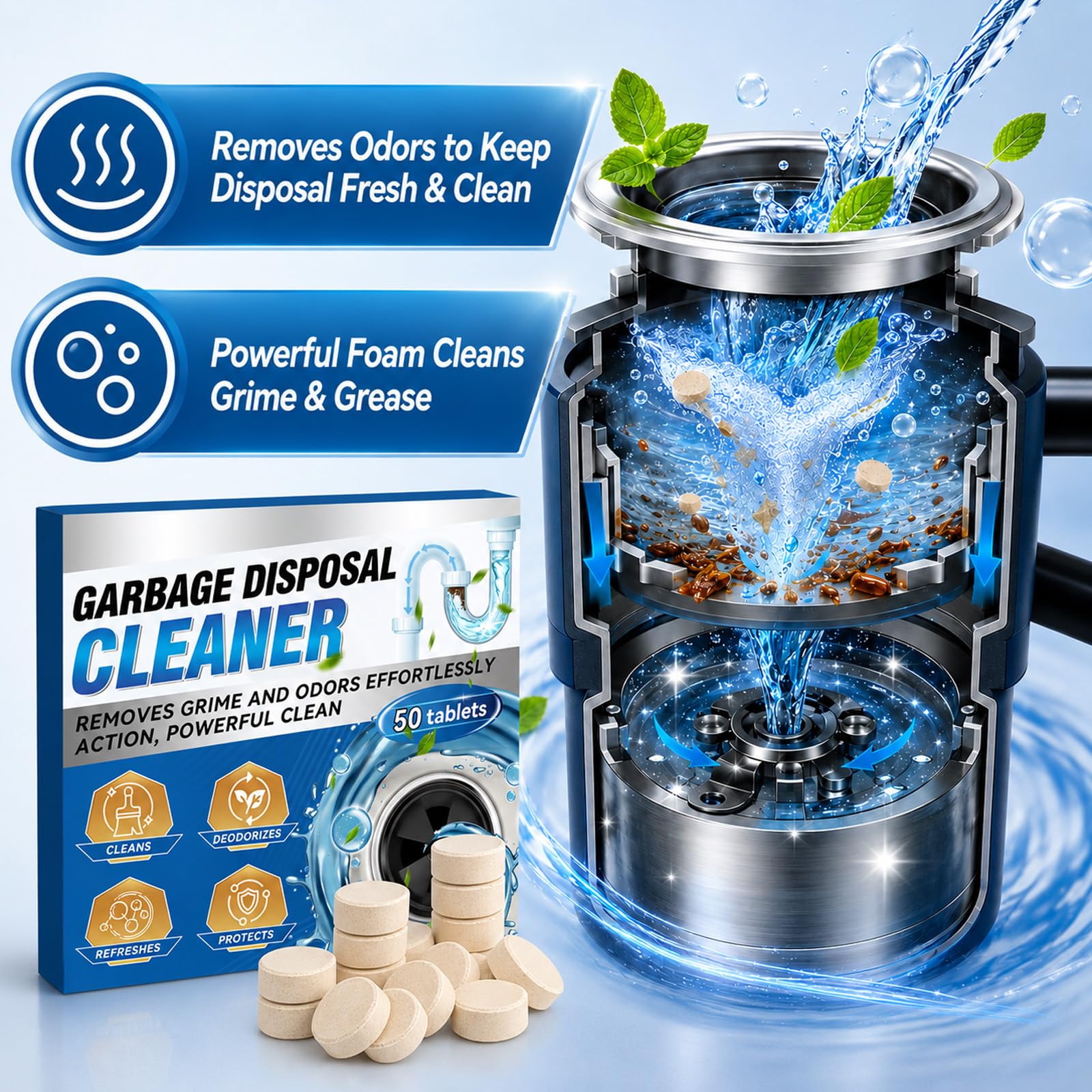 Pastiglie Cattivi Odori Scarichi, 50 Compresse Pulizia Scarichi e Lavandino Eliminano Cattivi Odori, Deodorante Scari-chi ad Azione Rapida per Cucina, Bagno e WC, Scorta per 1 Anno
