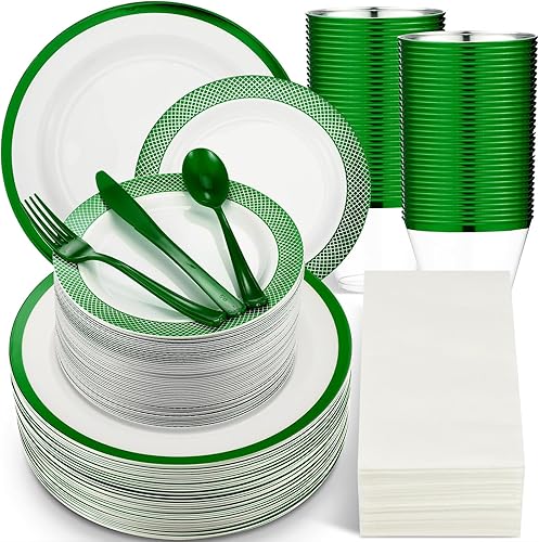 Miniatura 1 de Yaomiao Juego de 350 platos desechables de Navidad con adornos para fiestas de Navidad, vajilla de plástico 90Z, cuchillos, tenedor, cuchara,