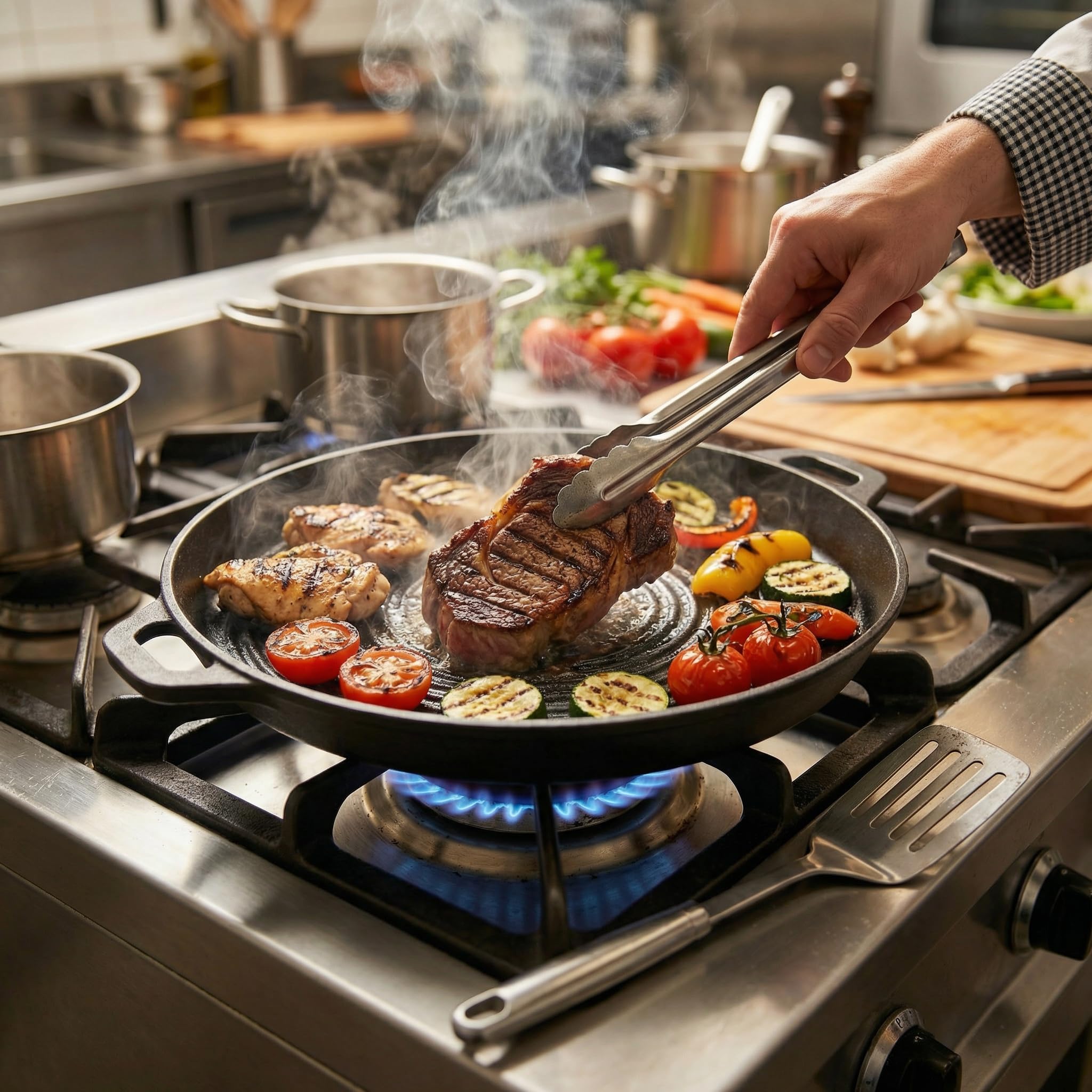 MIJOMA Sartén parrilla de 40,5 cm – para carne, verduras y barbacoas – Hierro fundido con estructura acanalada – Sartén redonda con asas para cocina horno y barbacoa