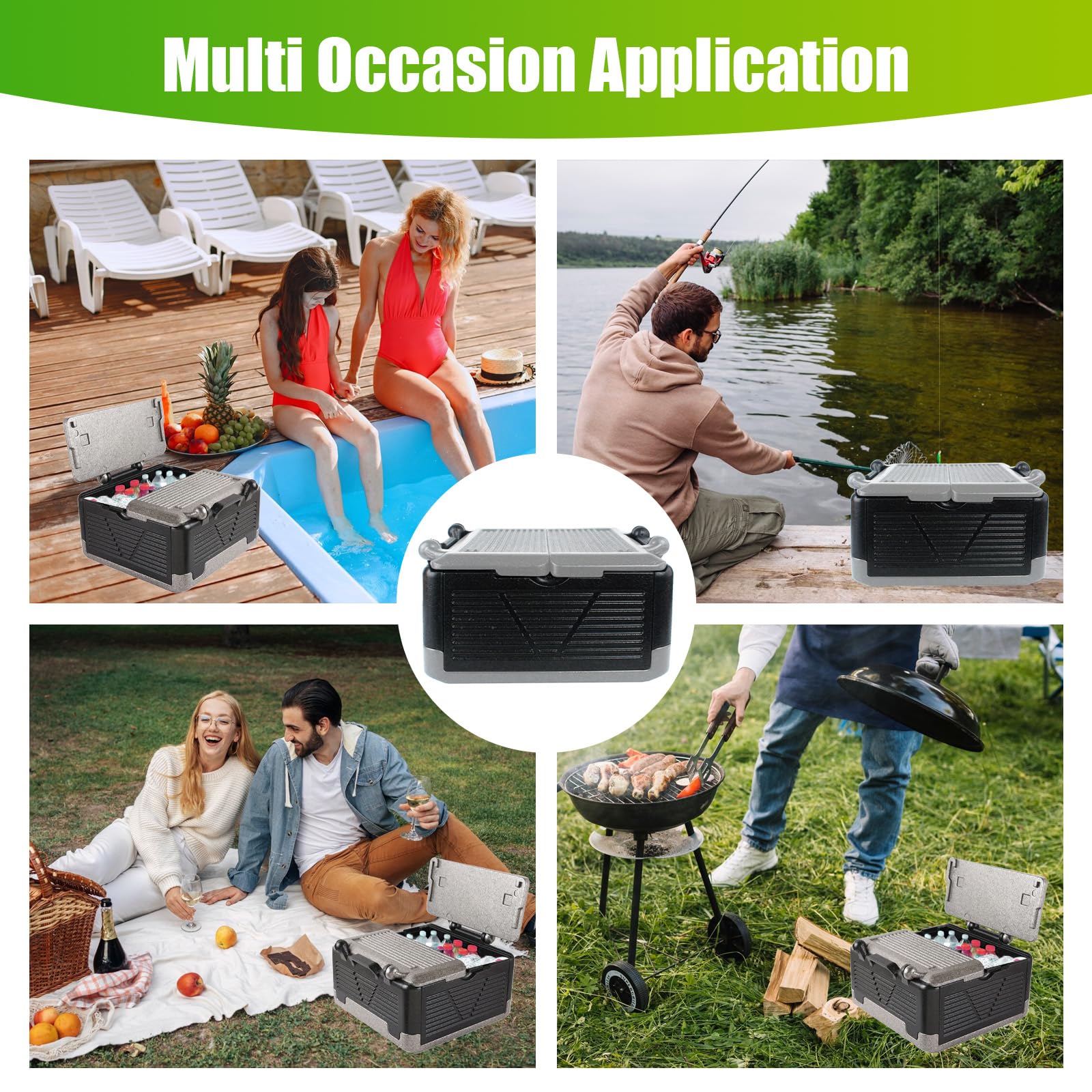 Contenitore termico pieghevole, 26 l, polistirolo, 43 x 43 x 25 cm, coperchio integrato, multifunzione, campeggio, picnic, alimenti (nero e grigio)