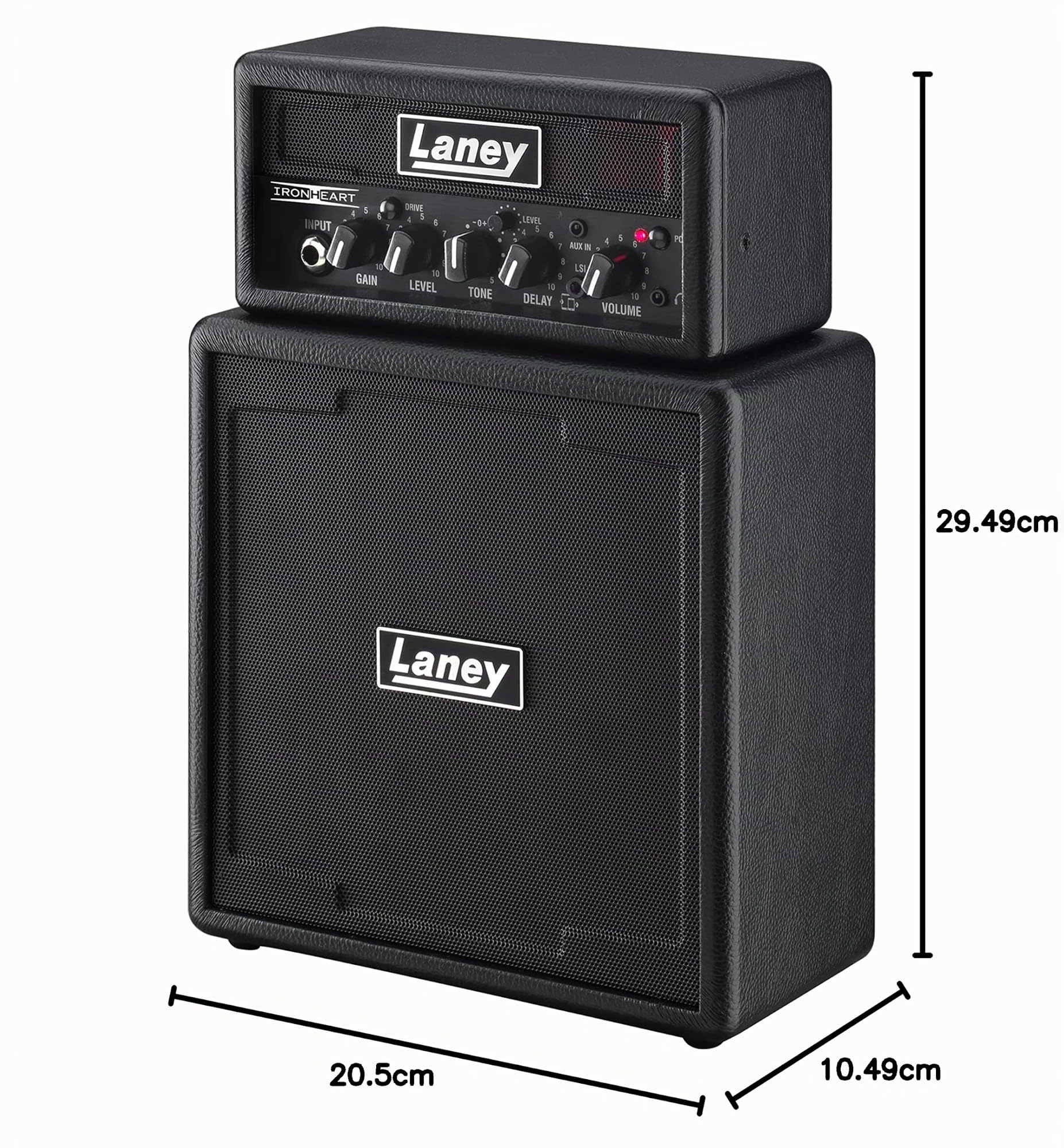 Laney MINISTACK-IRON batteria Guitar Amp - Mini Stack a batteria 6W portatile - 4 altoparlanti, Clean/Drive, Delay, Ingresso per smartphone LSI, AUX IN - Ironheart