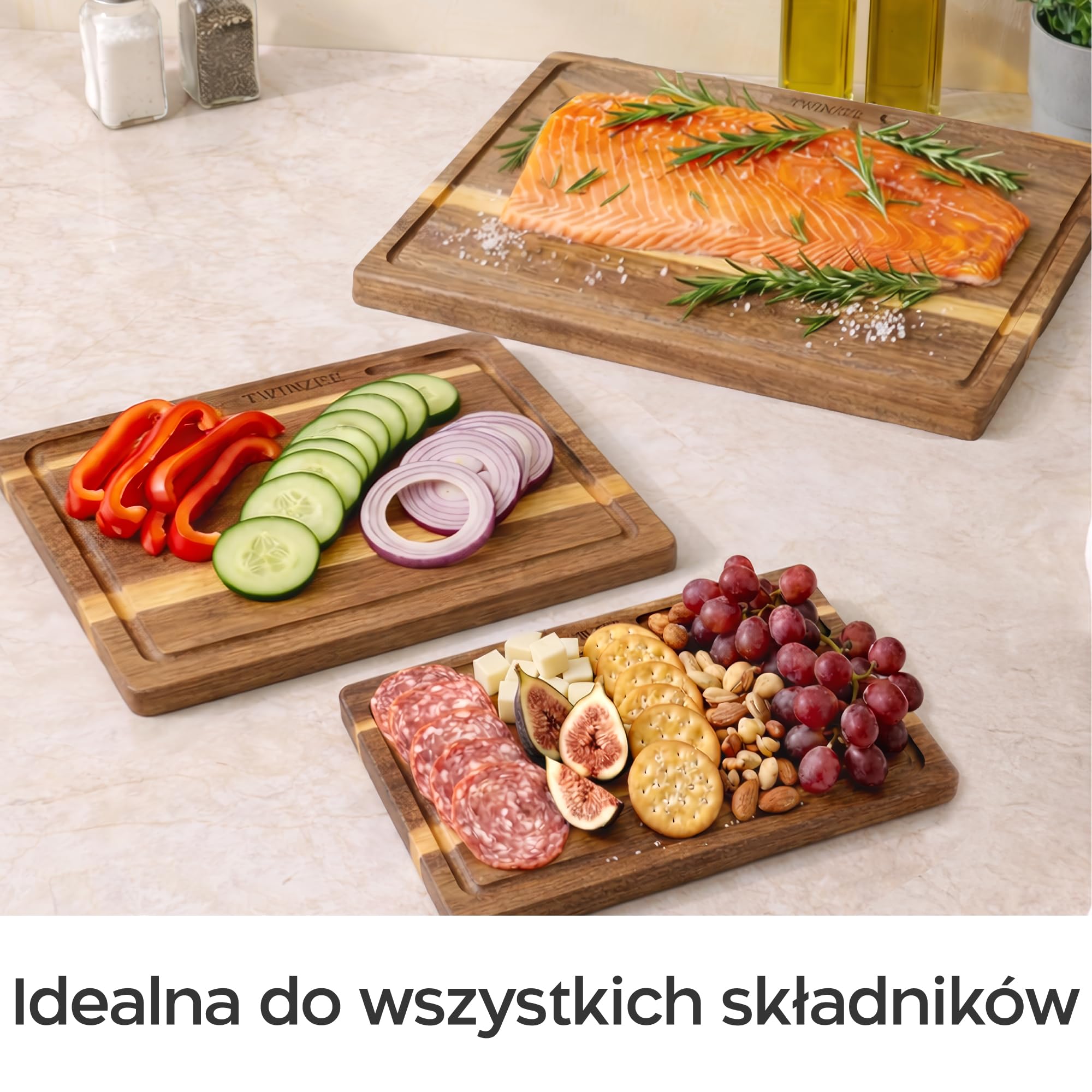 Twinzee 3 deski do krojenia (40 x 30/33 x 24/26 x 18 cm) z litej akacji – drewniana deska do krojenia ze stojakiem, grubość 2 cm, z rowkiem na sok