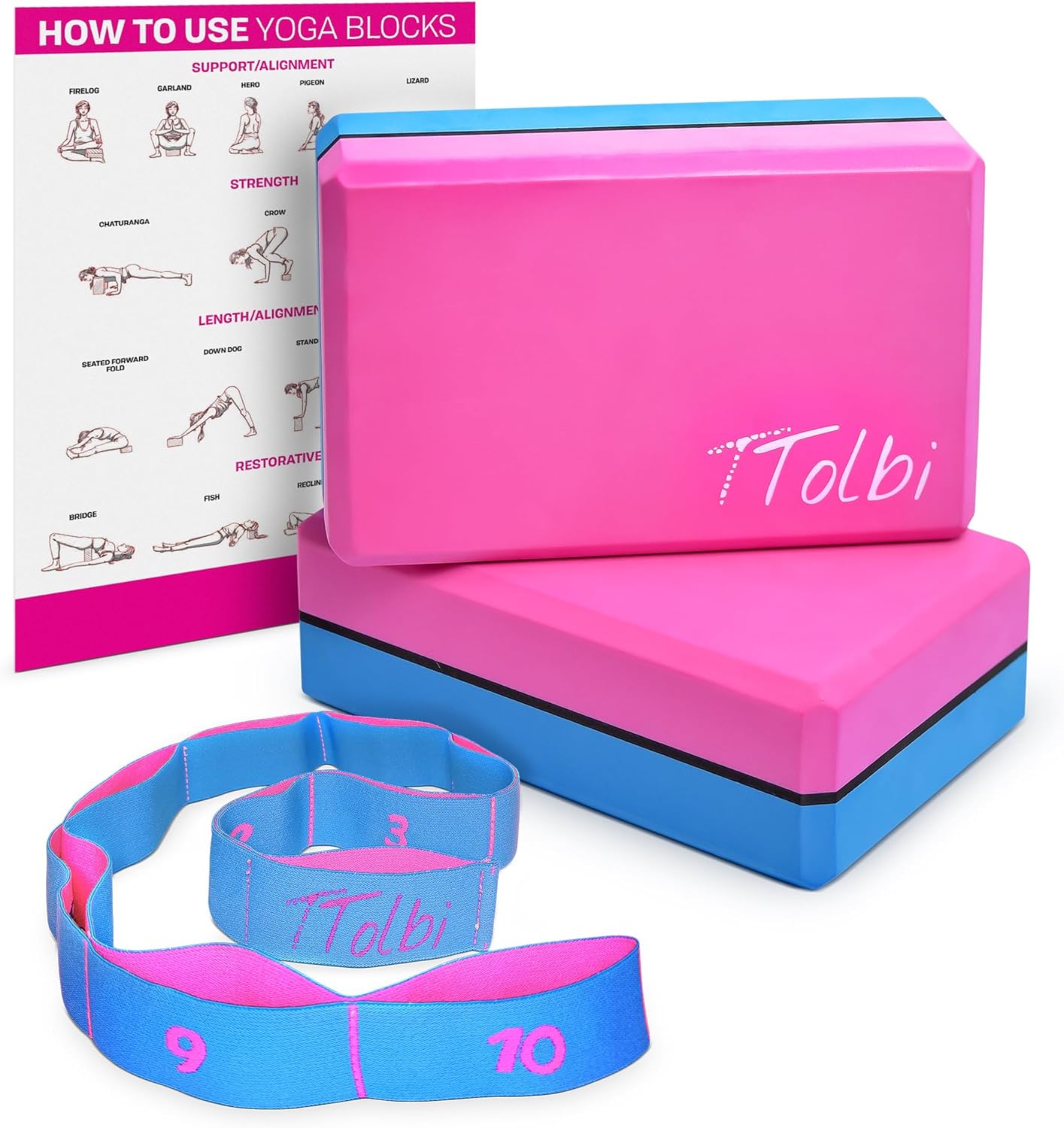 Yoga Blocks 2 Pack Set with Dance Stretch Band & Guide: Non-Slip EVA Foam Block – Ideal Stretching Equipment for Home Workouts, Pilates, Dance, Ballet, Gymnastics, Exercise – Stretch Strap Stuff Props