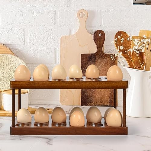 Miniatura 6 de Bandeja de huevos de doble capa para encimera, cesta de almacenamiento apilable de madera para huevos, organizador de huevos de 2 niveles para