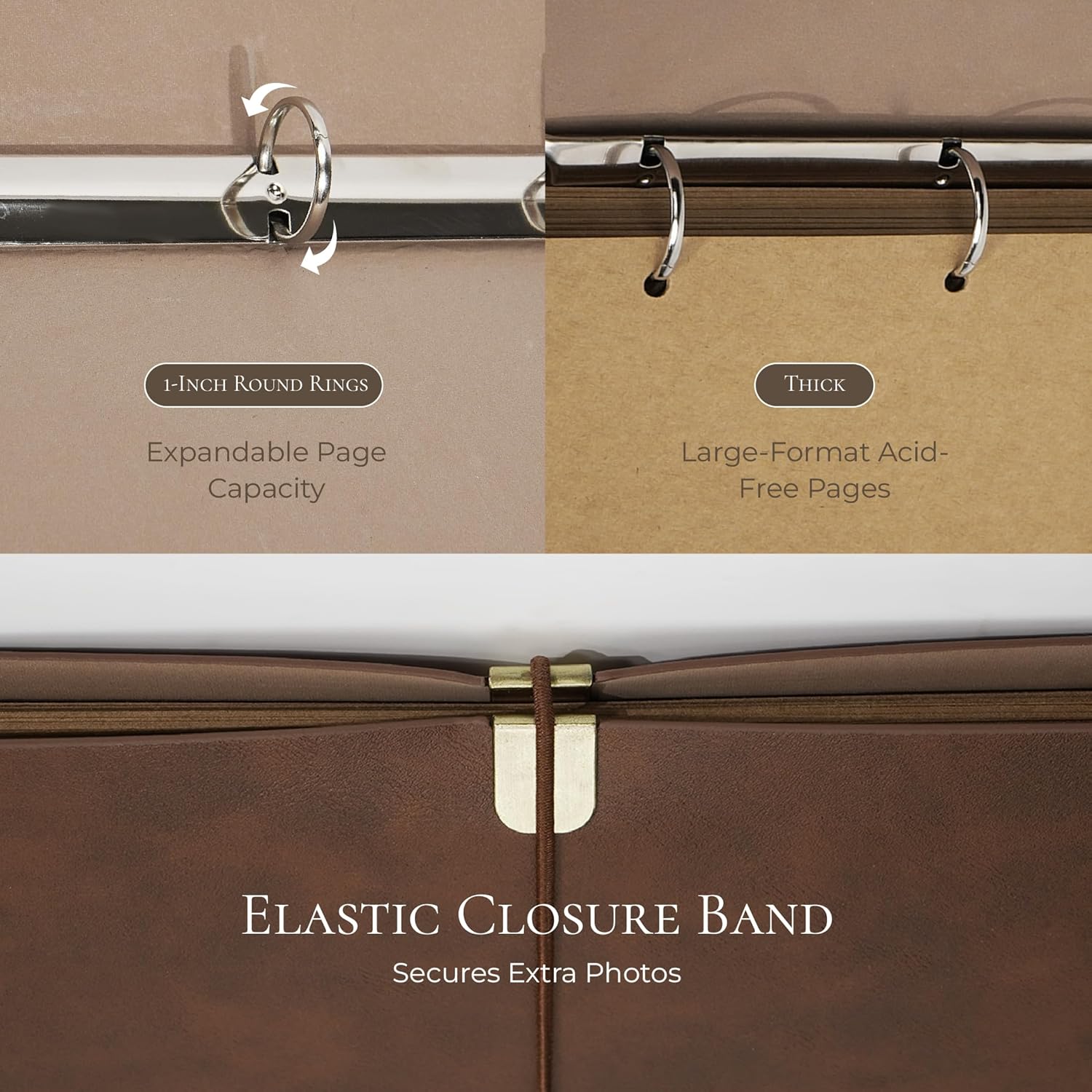 Vienrose Faux Leather Scrapbook Photo Album with 100 Pages Kraft Paper for 4x6 5x7 6x8 Photos, Vintage binder 3 ring DIY Memory Book for Valentines Anniversary Christmas Birthday Travel Brown