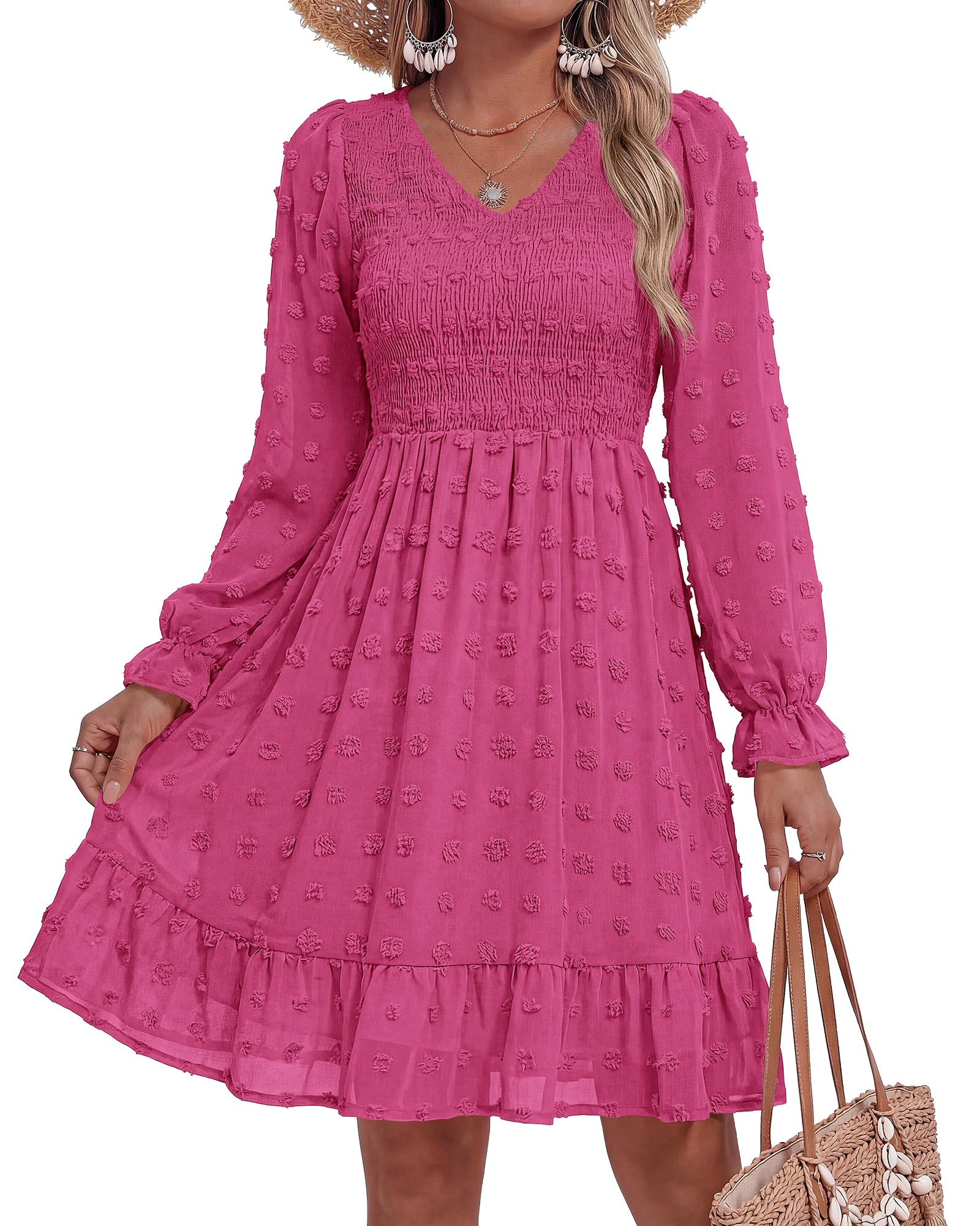 BTFBM Summer Dresses for Women 2026 Long Sleeve Casual V Neck Swiss Dot Smocked Ruffle Chiffon Flowy Mini Spring Dress