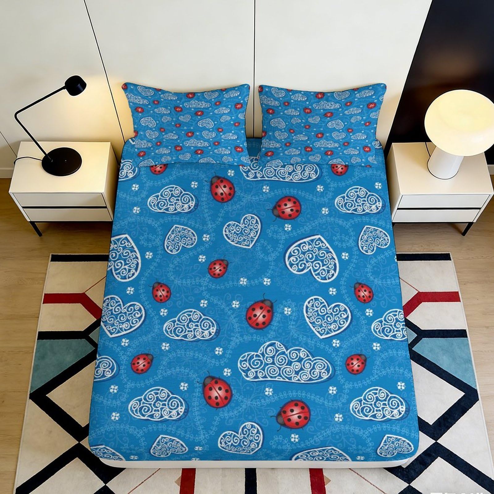 3D Printed Blue Ladybug Heart Fitted Sheet Microfiber Soft Bedroom Decor Mattress Cover for All Ages 90x200x25cm