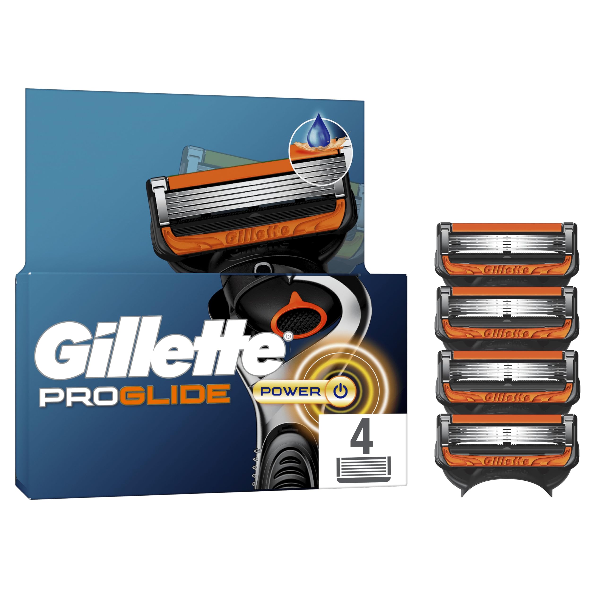 Gillette Lames de Rasoir Homme Proglide Power, Pack de 4 – Cartouche Dotée de la Bande Lubrifiante x2, Ultra Affutées et Longue Durée, en Acier Inoxydable, 1 Recharge Jusqu’à 30 Rasages