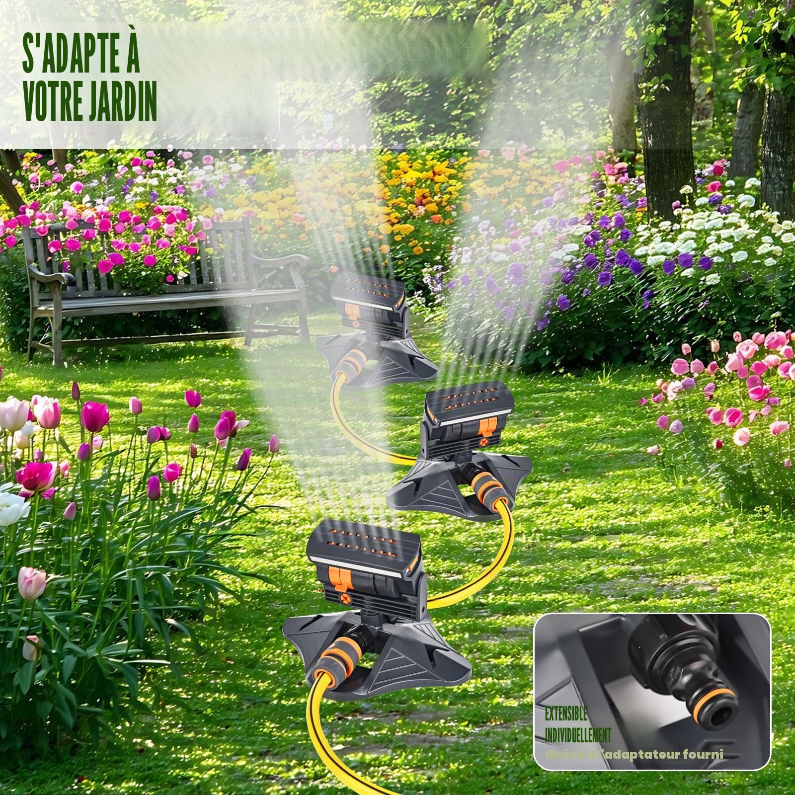 Arroseur de pelouse à 16 buses pour arrosage du jardin, 4 modes, oscillation automatique, arroseur carré pour l'irrigation, arroseur pour pelouses et surfaces, système d'irrigation, arroseur