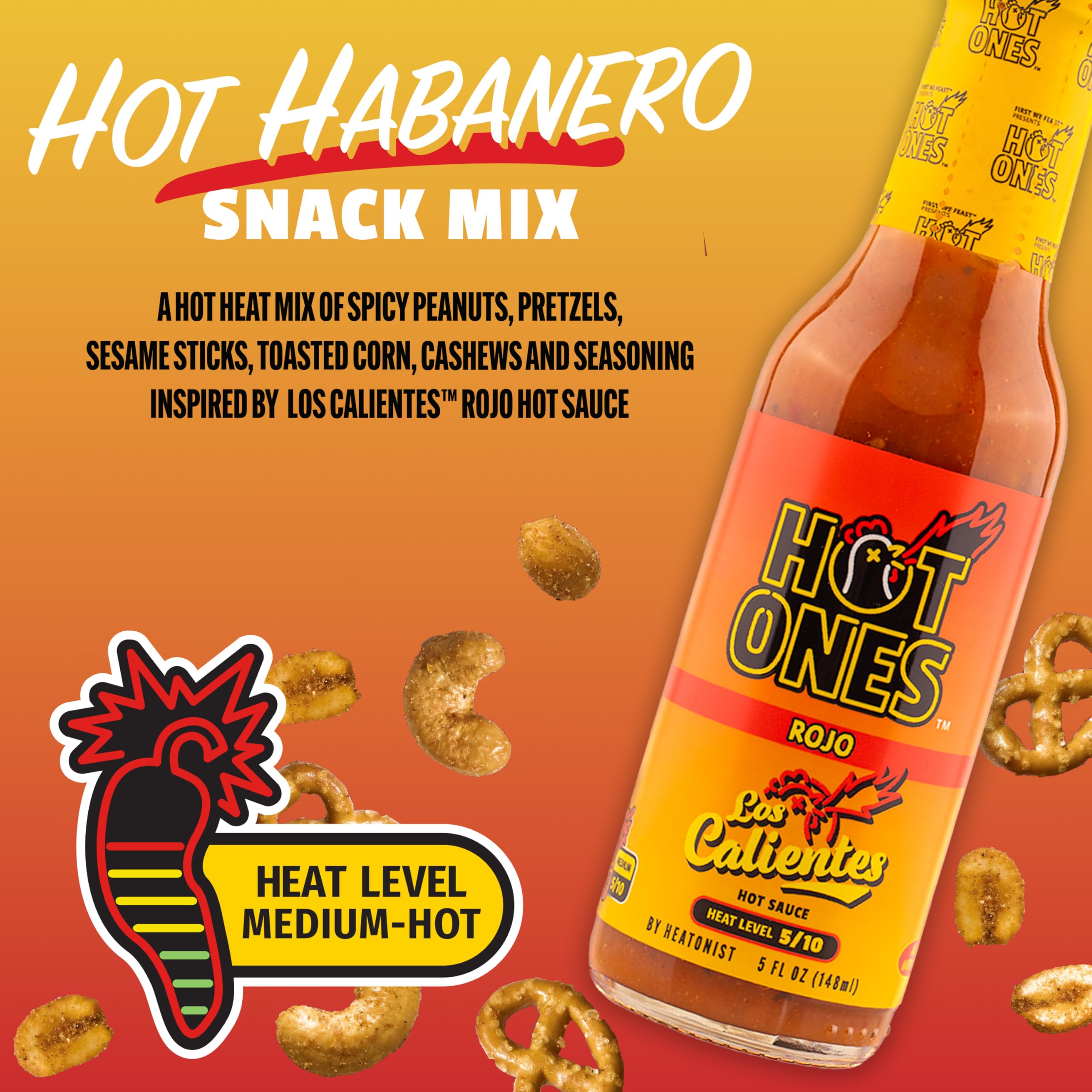 Snak Club Hot Ones Snack-Mix, Hot Habanero, Sweet Smoky und Tangy Chili, würzige Snacks mit Erdnüssen, Brezeln, Sesamstäbchen, gerösteter Mais, Cashews, veganer Snack, wiederverschließbare Beutel, 3
