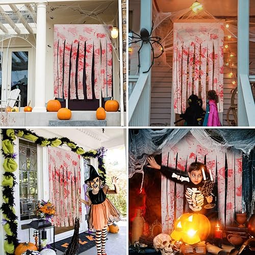Miniatura 7 de Paquete de 2 cortinas decorativas para puerta con impresiones de manos sangrientas, cortina de puerta espeluznante, decoración de terror de casa