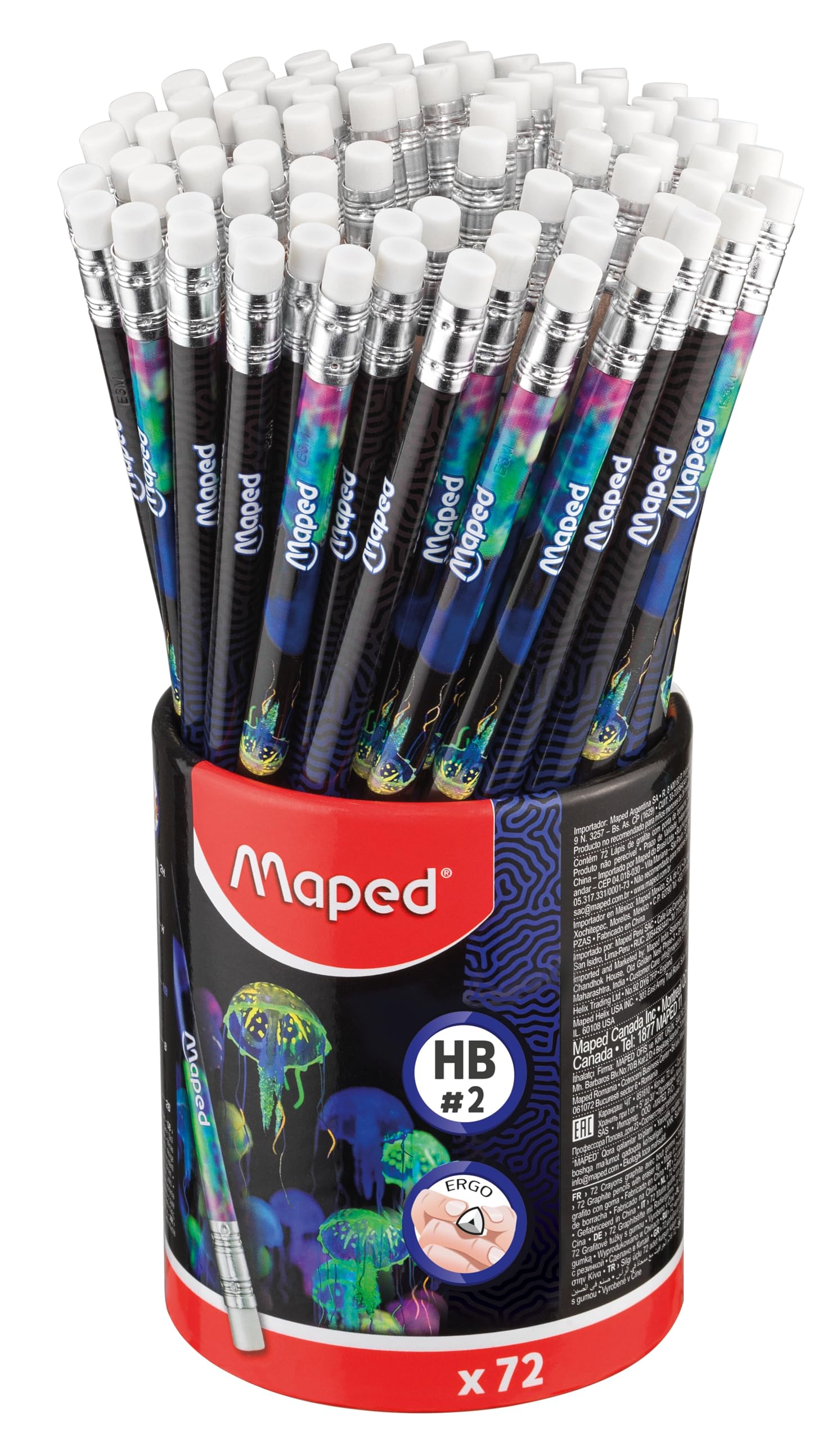 Maped - Deepsea Graphite Pencils - HB Pencils with Eraser Tip - Ergonomic Triangular Shape - Durable Lead - Pot X72