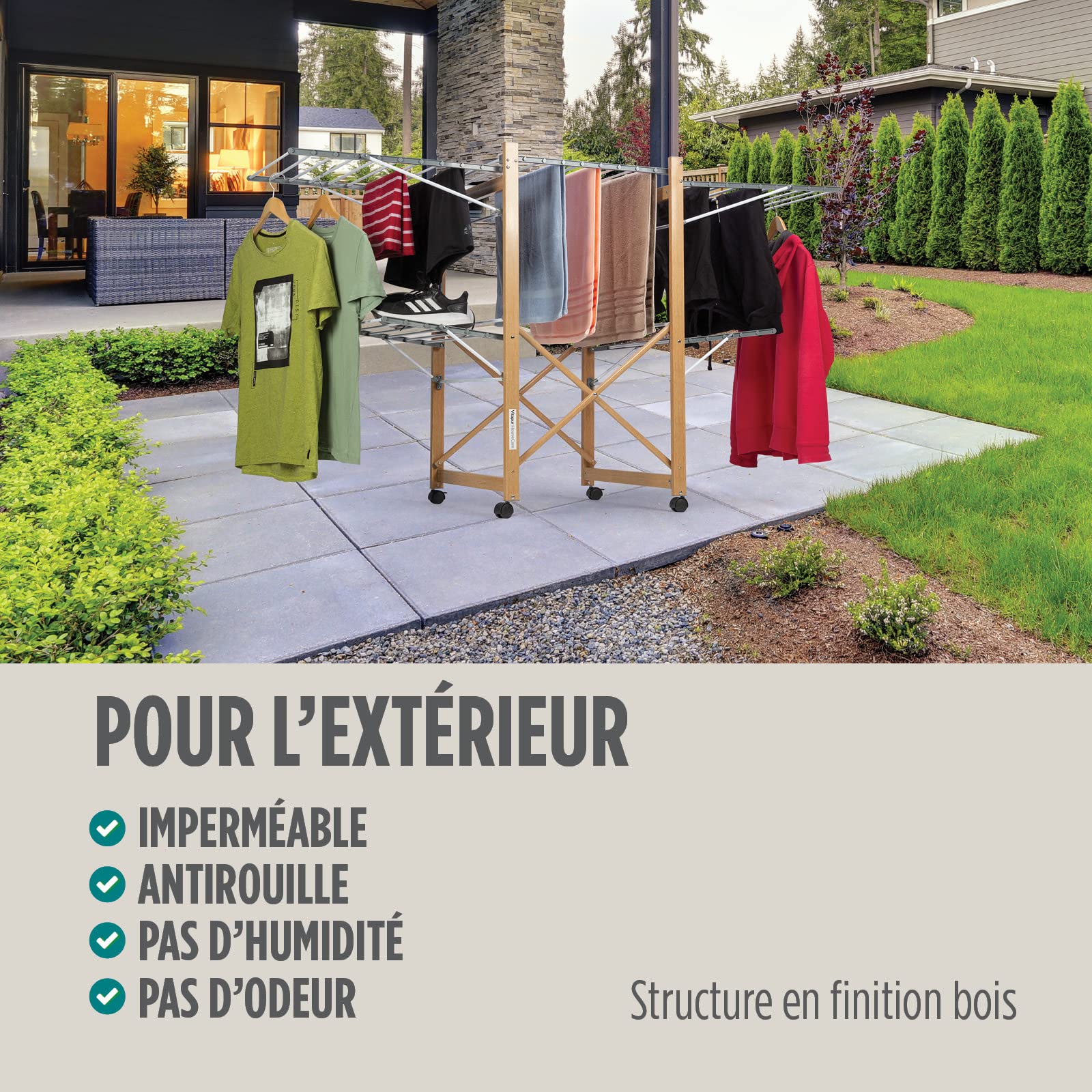 VITAPUR Étendoir à Linge Pliable XXL à 2 Niveaux avec roulettes – Séchoir 21 m de Surface – Structure Stable avec Freins – Gain de Place 12 cm – Séchage Intérieur/Extérieur, Aspect Bois