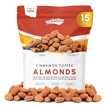 Snackathon Cinnamon Toffee Almonds, 15 oz Resealable Bag, Made in USA, All-Natural Fresh Roasted Nuts Coated in a Crunchy Cinnamon Spiced Buttery Toffee Shell, Gourmet Sweet & Salty Snack