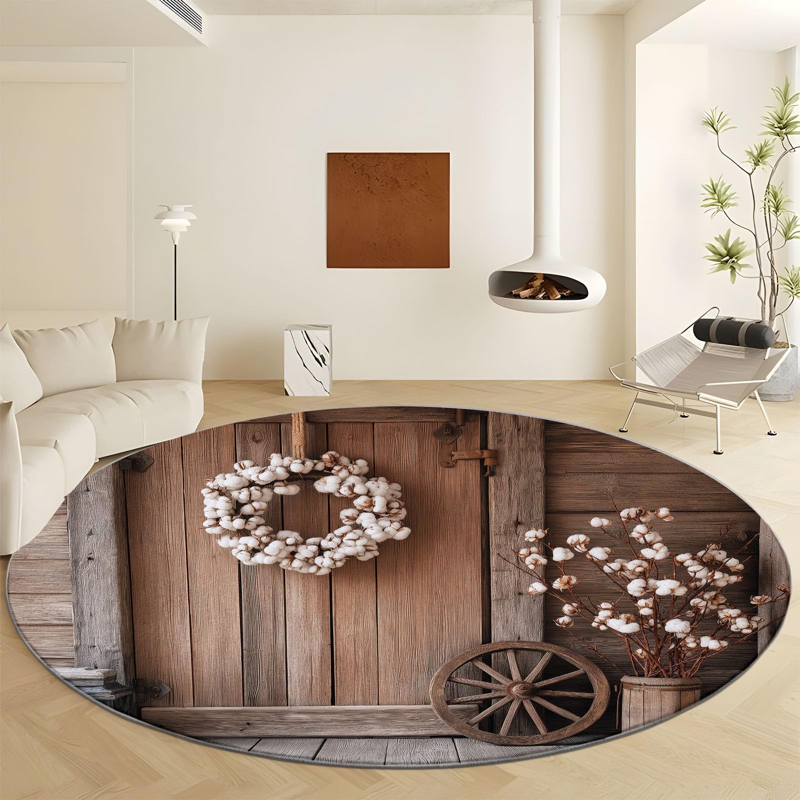 Tapis rond moelleux motif bois rétro pour créer un coin de lecture doux au salon