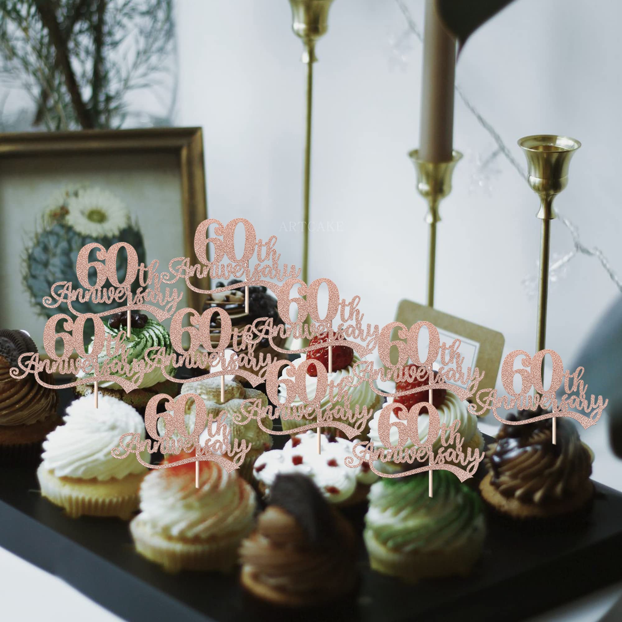 Rsstarxi Cupcake-Topper Zum 60. Geburtstag – 30 Stück, Roségold Glitzer, 5,6 X 12,7 Cm – Für Cupcakes, Kuchen & Desserts