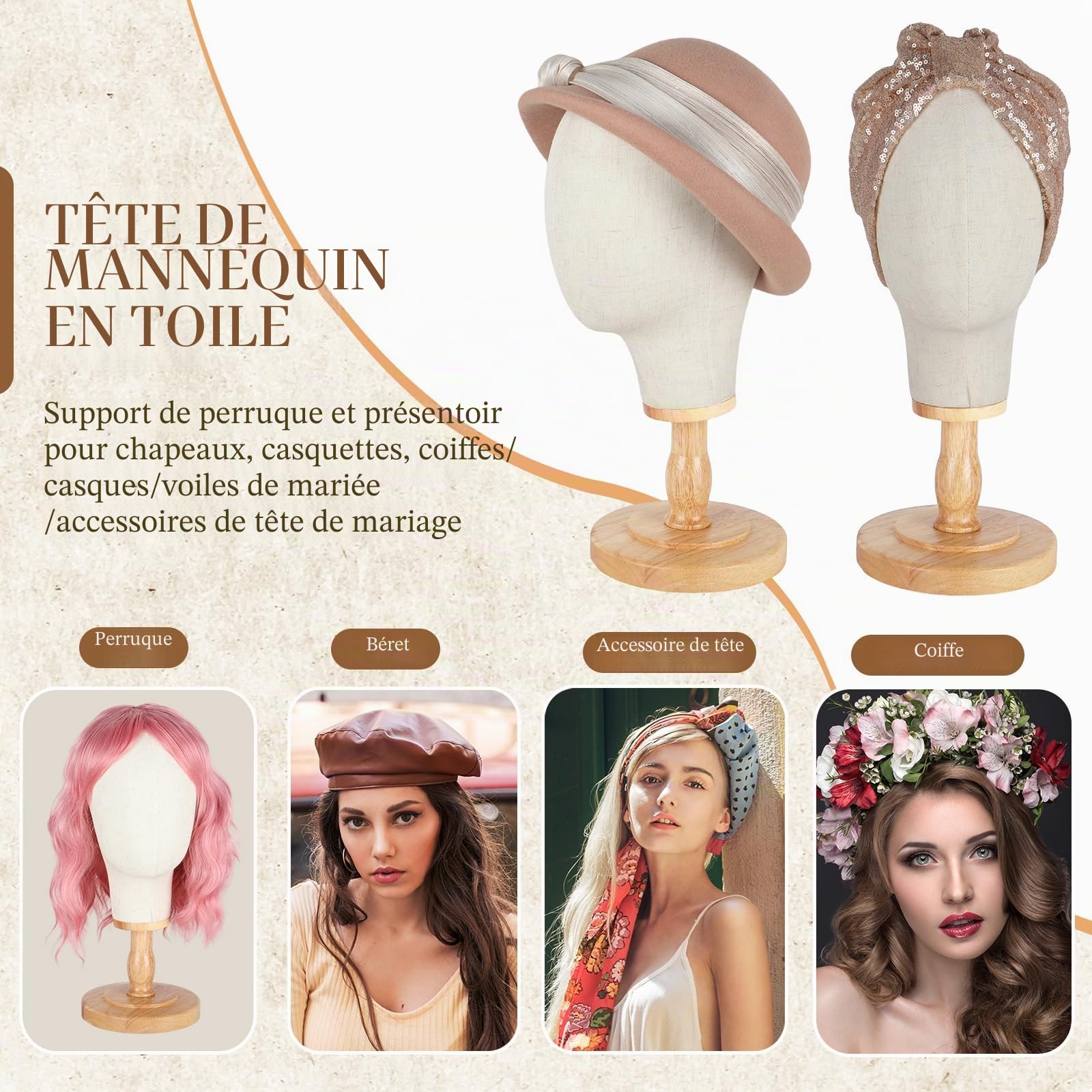 Tête de perruque stable 54 cm, support de mannequin pour chapeaux, porte-perruque