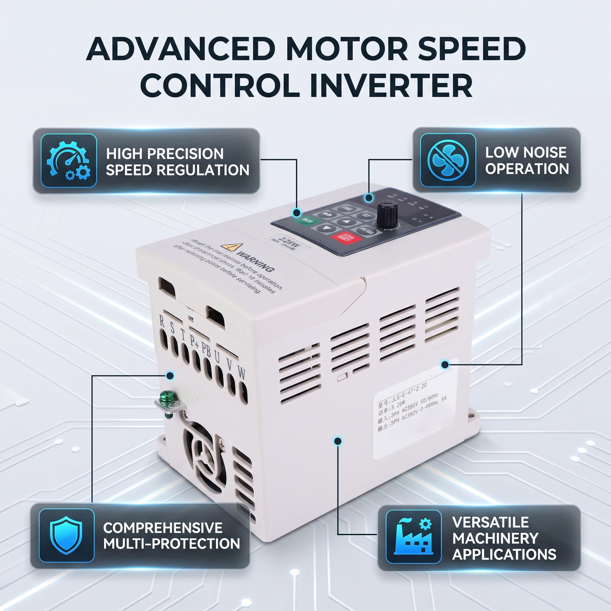 Variador de Frecuencia 380V 2.2KW para Motor Trifásico Industrial | Control de velocidad para motor, carcasa plástica resistente, apto para maquinaria de producción, ventiladores y bombas,