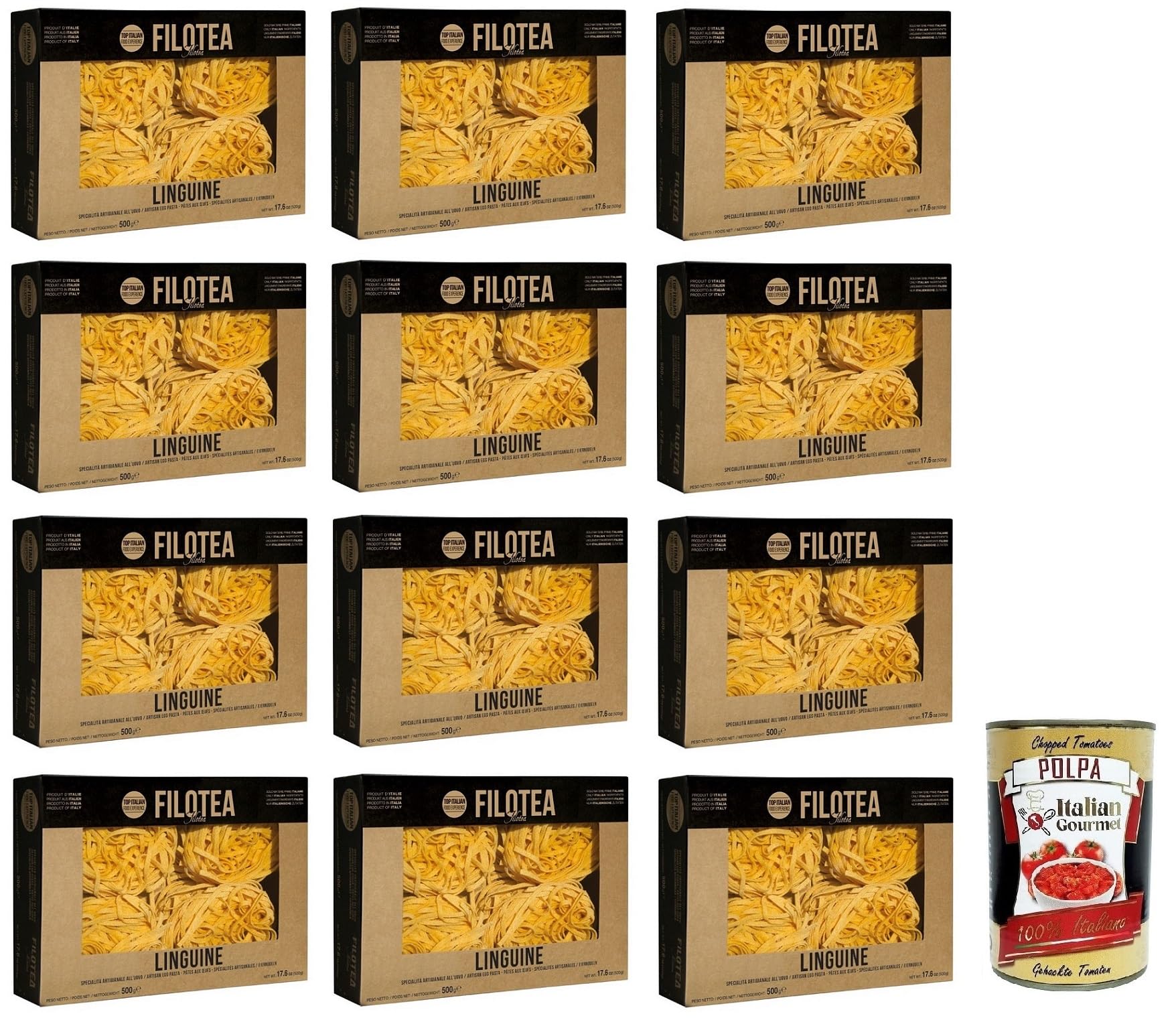 Italian Gourmet Linguine Pasta all'Uovo 12 x 500g Eiernudeln aus Italien | Sfoglia ruvida e porosa; mit Hartweizen und Eiern, nimmt Soßen besonders gut, Gesamtnettogewicht 6 kg + Kostenlos Polpa 400g
