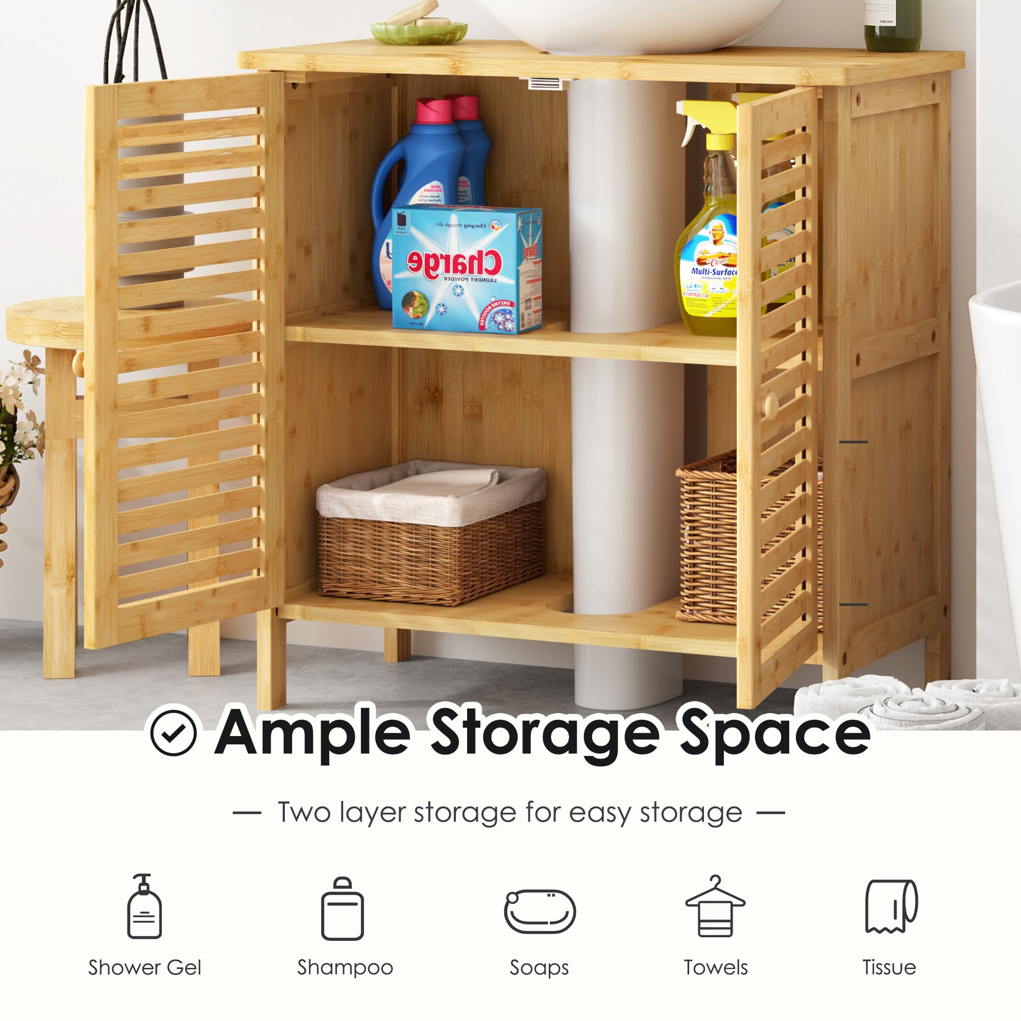 SogesPower Meuble sous lavabo en bambou, armoire avec portes et étagères, meuble de salle de bain en bambou