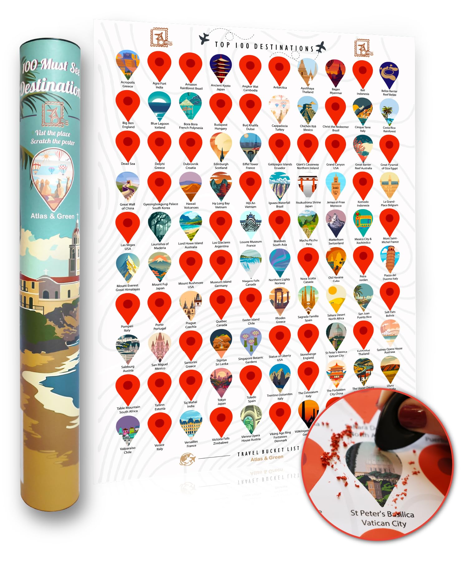 Atlas & Green Rubbelposter mit den 100 Top-Reisezielen. A2-Weltreiseposter. Rubbelposter „Around the World Bucket List“ mit Geschenkrolle