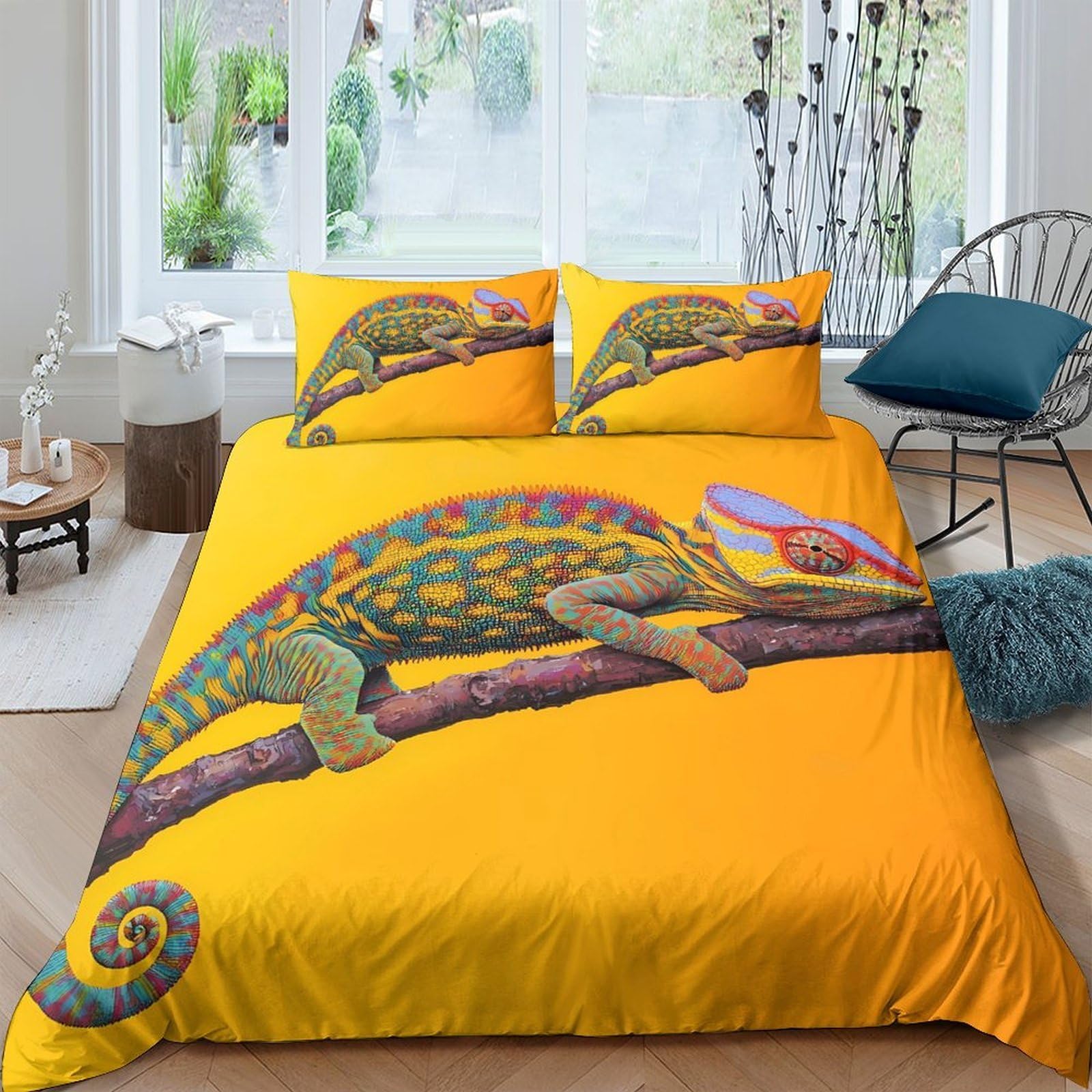 Ctjqhvkz Style-4 3D Printed Colorful Chameleon Fitted Sheet Microfiber Soft Orange Lizard Bed Cover For Bedroom Dorm Mattress Decor Single（135X200cm）