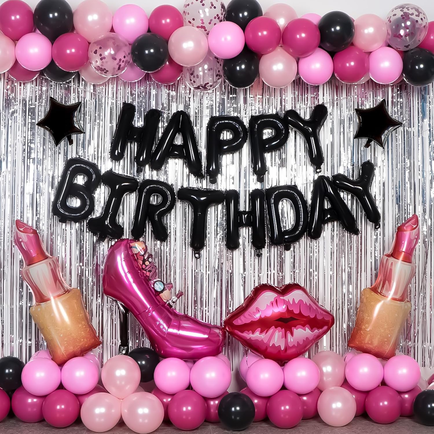 Pink and Black Birthday Decorations for Women Girls, Happy Birthday Decorations for Her HAPPY BIRTHDAY Banner Balloons Fringe Curtain Giant Foil Hot Pink Lipstick Balloons Bday Party Decor