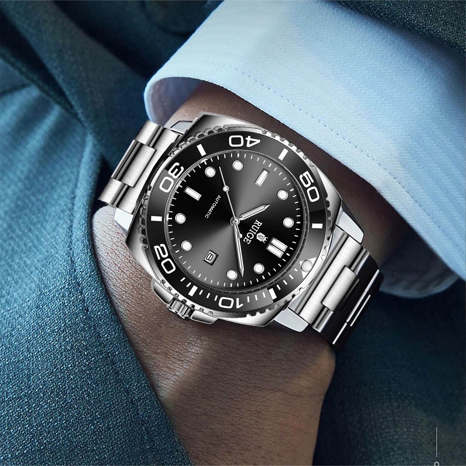 RUIGE Orologio meccanico completamente automatico da uomo, con calendario in acciaio inox, lunetta girevole, alla moda, alla moda, luce notturna, impermeabile, A8-2